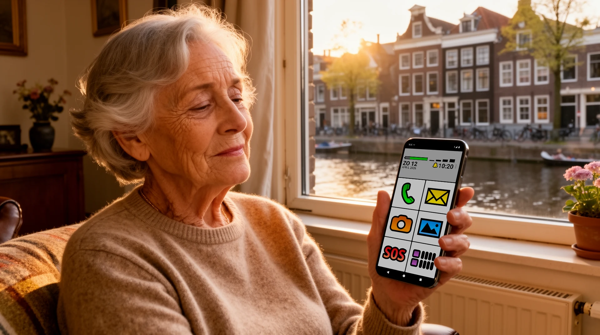 Oudere vrouw gebruikt een eenvoudige smartphone-interface met grote knoppen