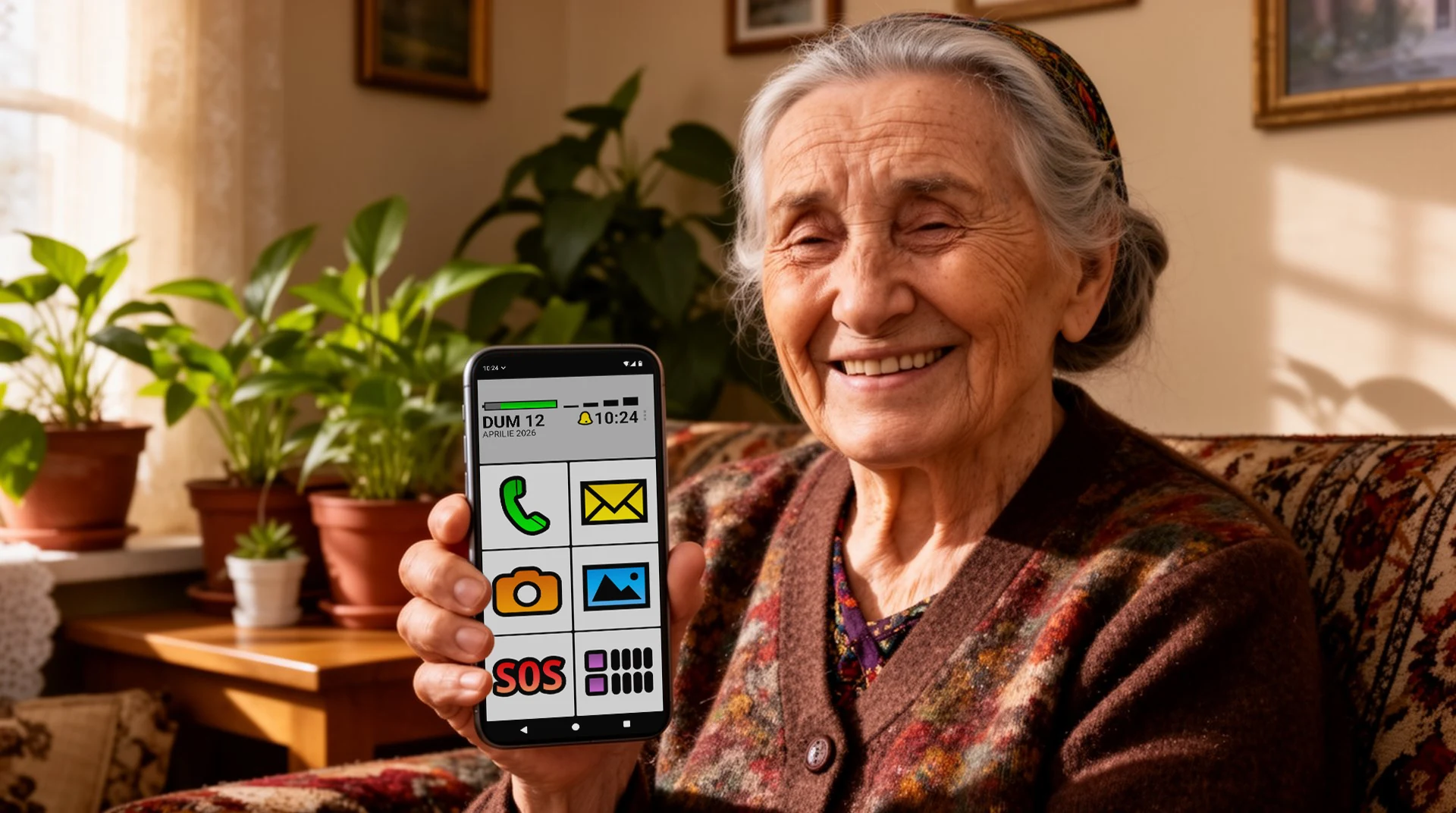 Bunică zâmbitoare folosind BIG Launcher cu butoane mari