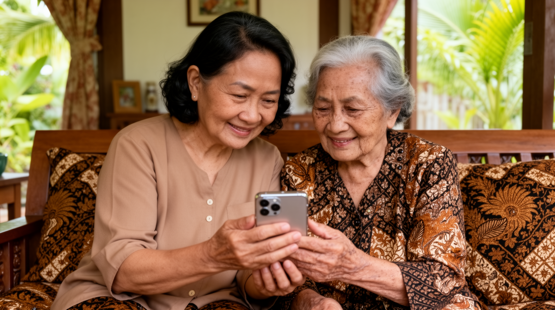 Anak dan ibu lansia menggunakan smartphone bersama di rumah Indonesia