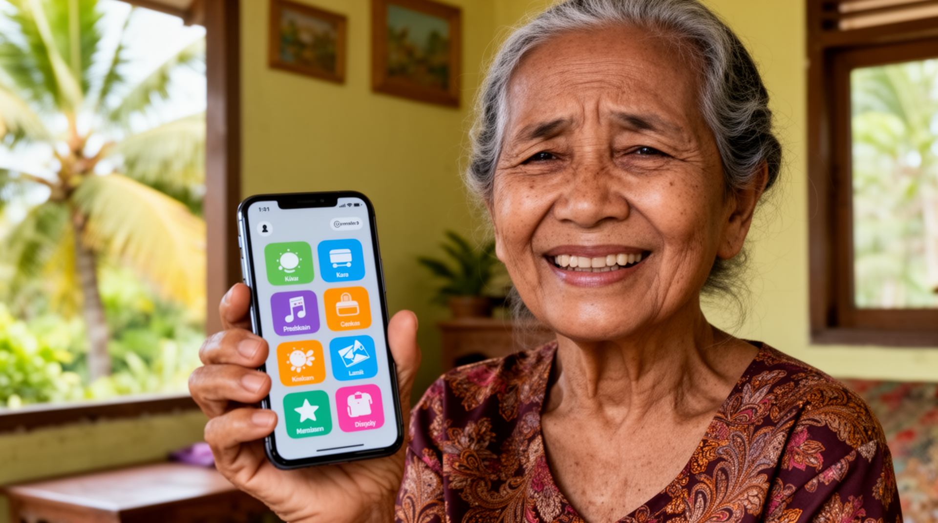 Lansia tersenyum menggunakan BIG Launcher dengan tombol besar