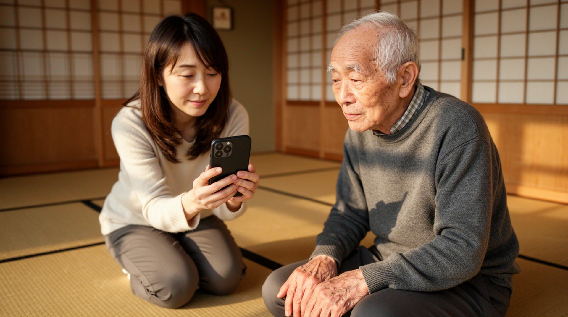 たたみの上で父親のスマホを手伝う日本人娘