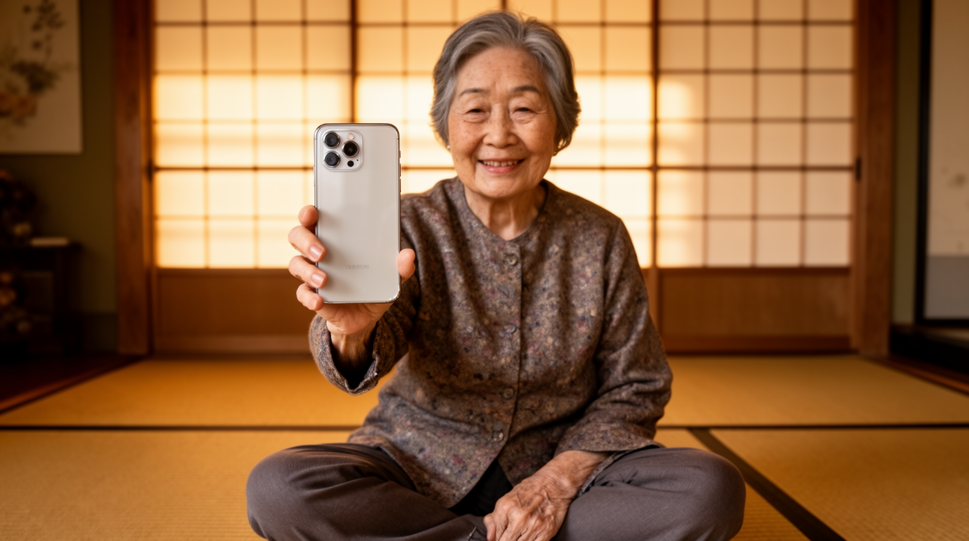 たたみの居間でスマートフォンを持つ笑顔の日本人高齢女性