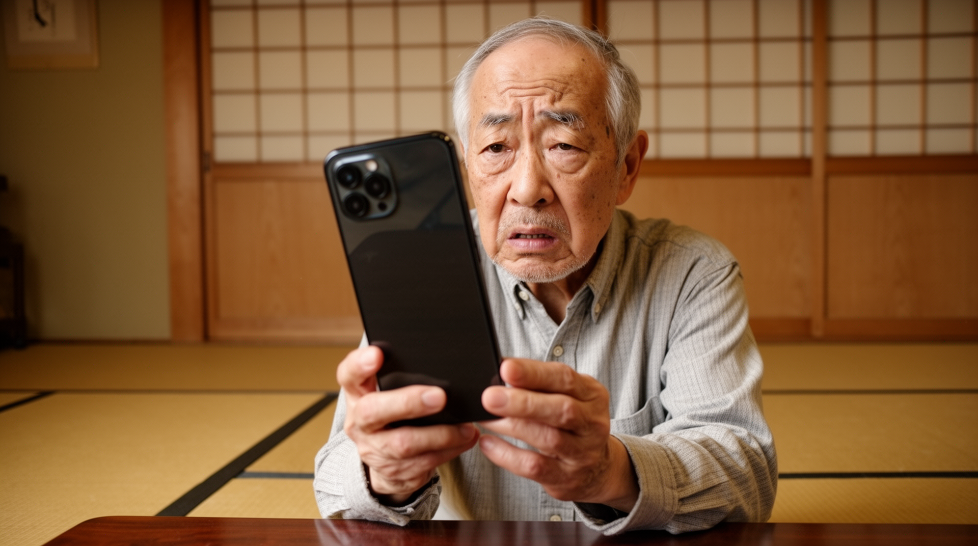 複雑なスマートフォンに困惑する日本人高齢男性