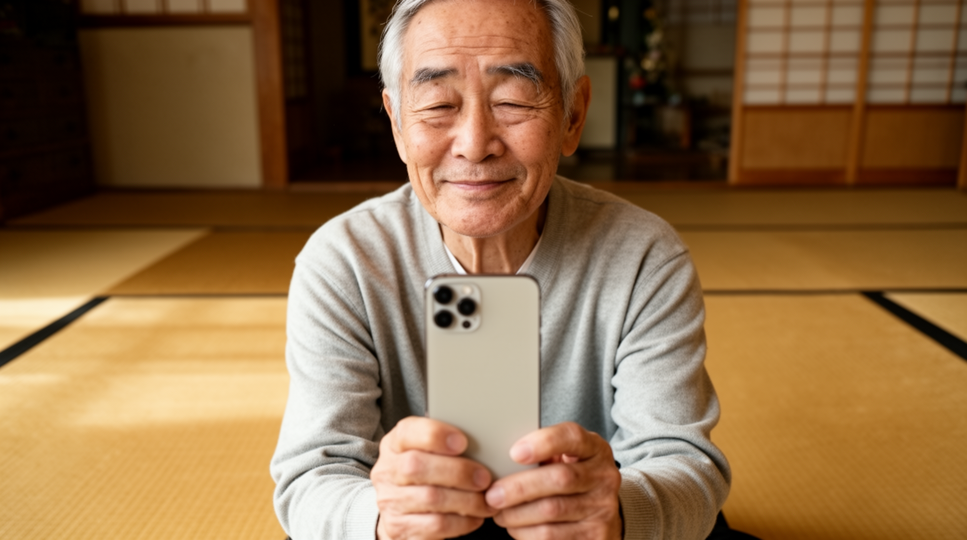 穏やかにスマートフォンを持つ日本人高齢男性