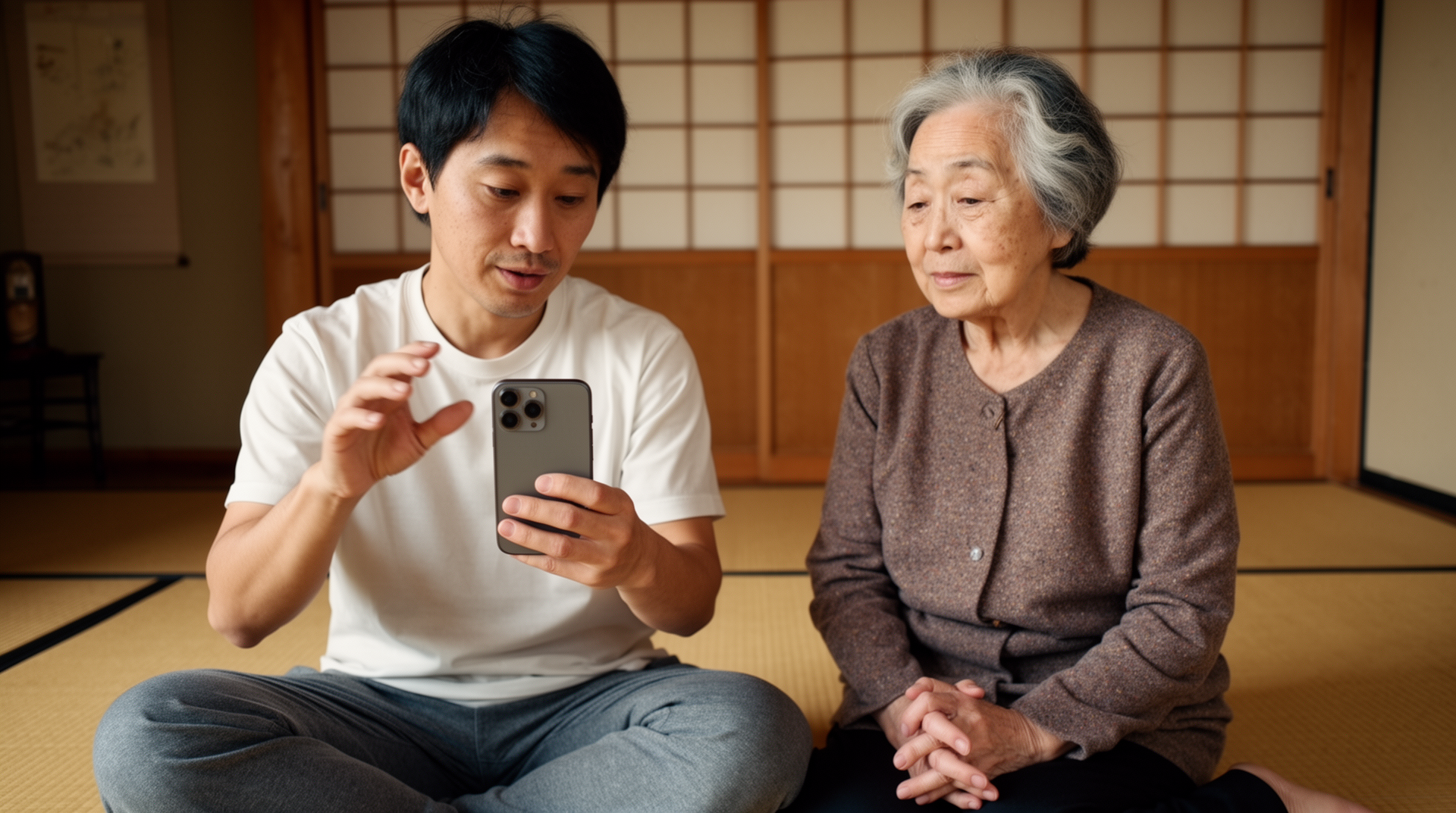 たたみの上でスマホの使い方を教える日本人息子と母