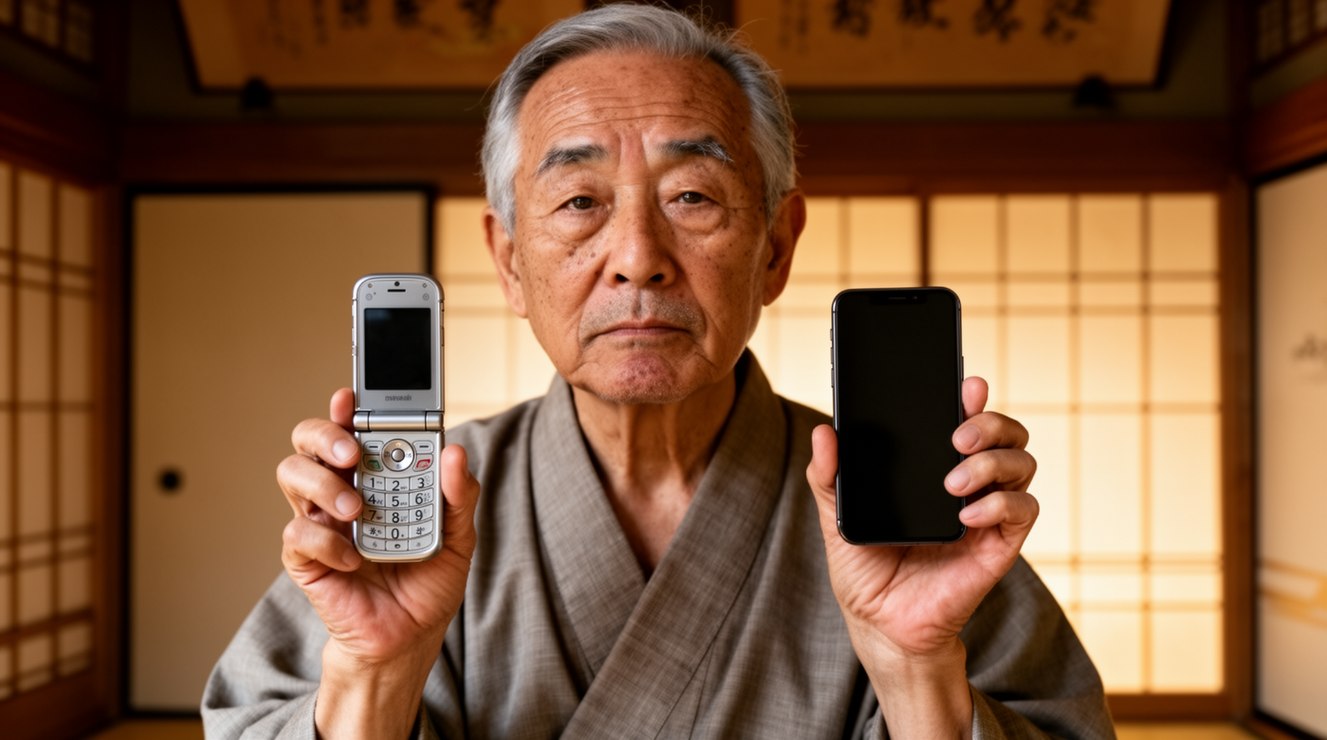 ガラケーとスマートフォンを両手に持つ日本人高齢男性