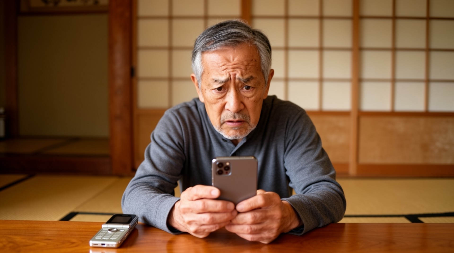 スマートフォンに困惑し、ガラケーが隣にある日本人高齢男性