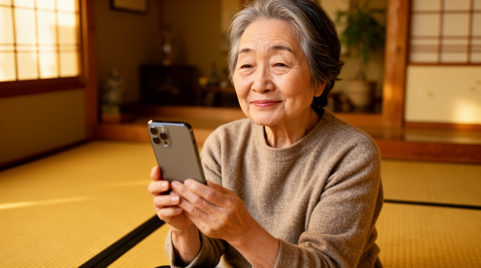 穏やかにスマートフォンを持つ日本人高齢女性