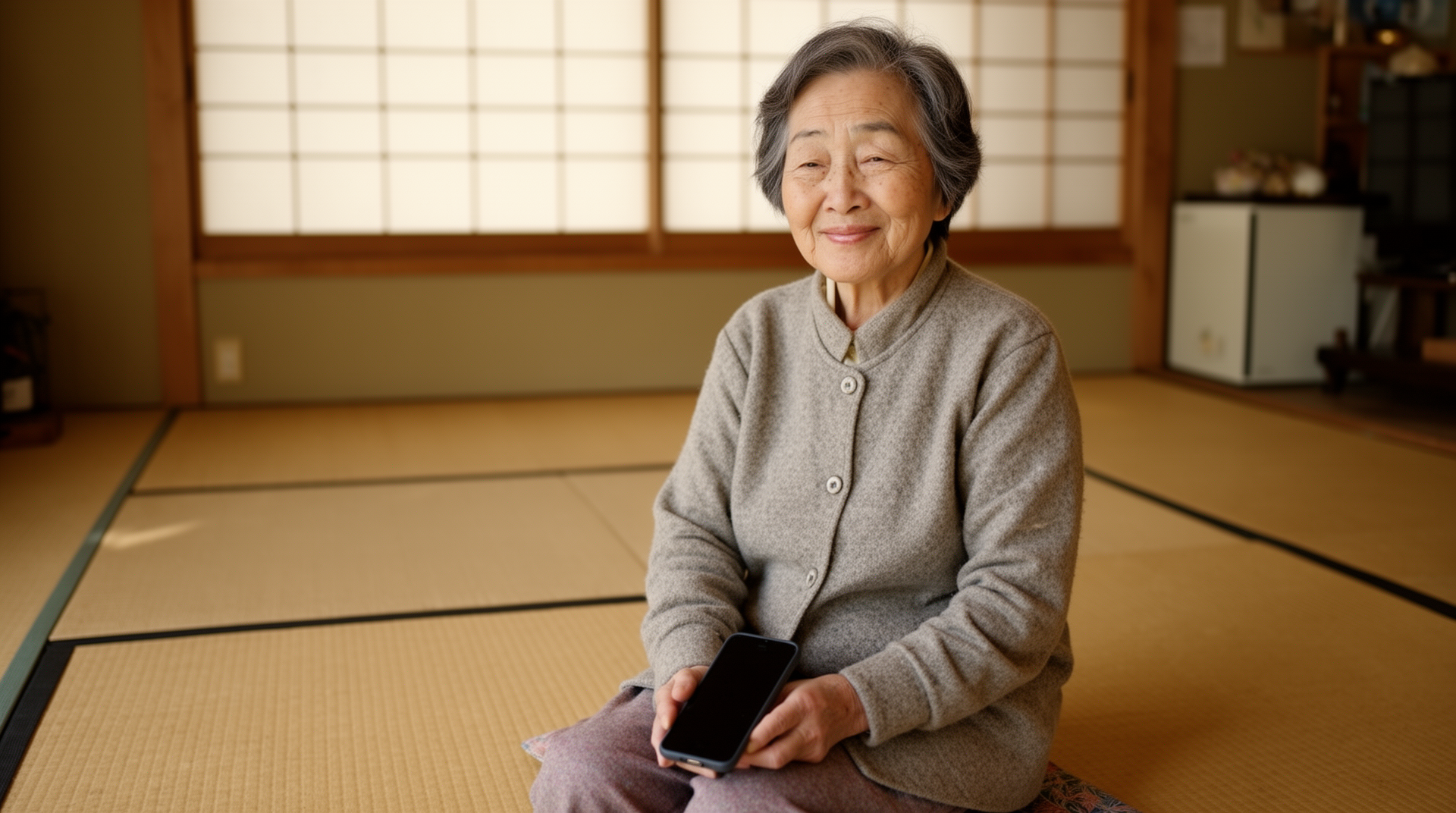 日本間でスマートフォンをひざに置く高齢の日本人女性