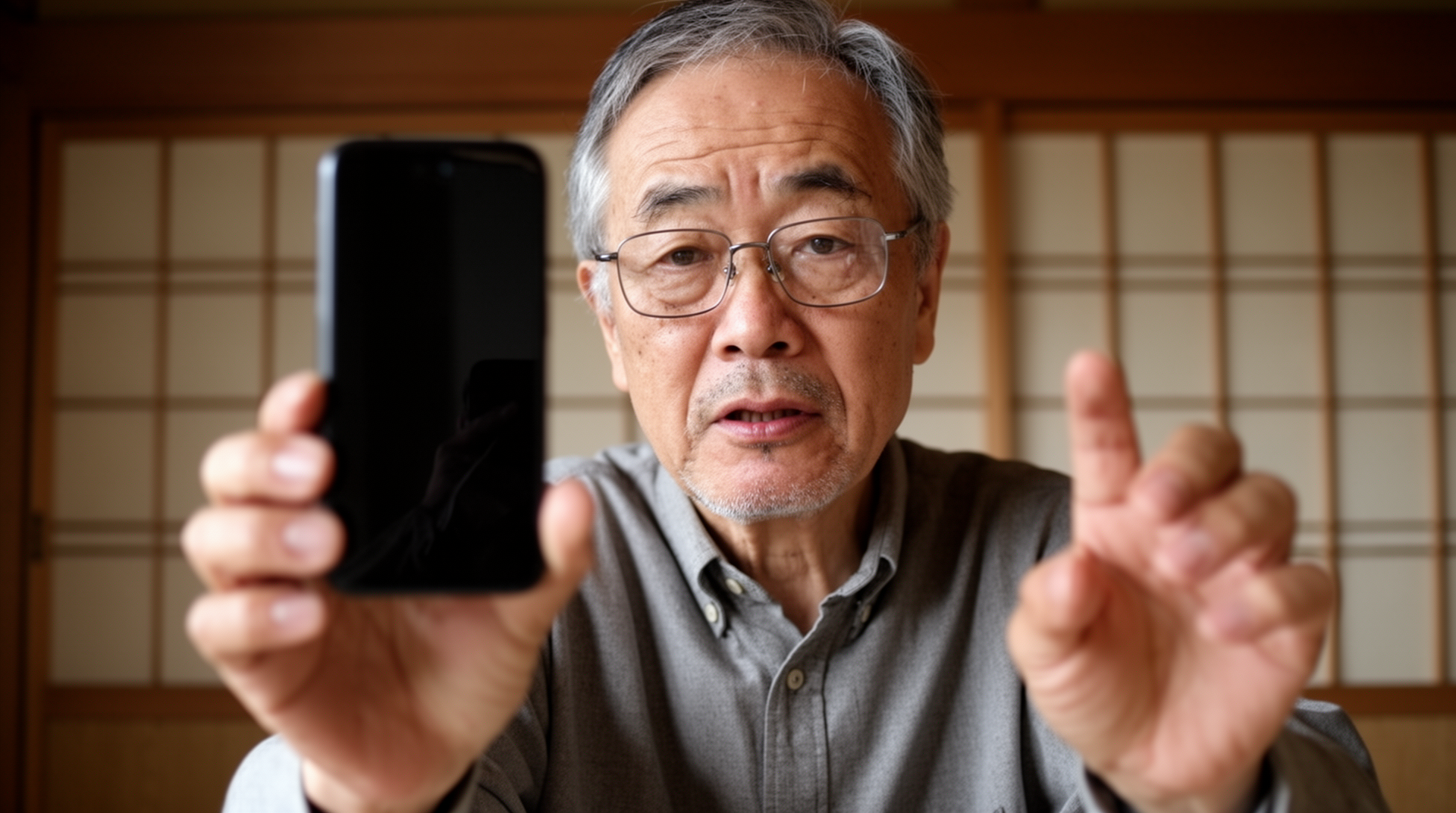 眼鏡をかけてスマートフォンを遠ざける日本人高齢男性