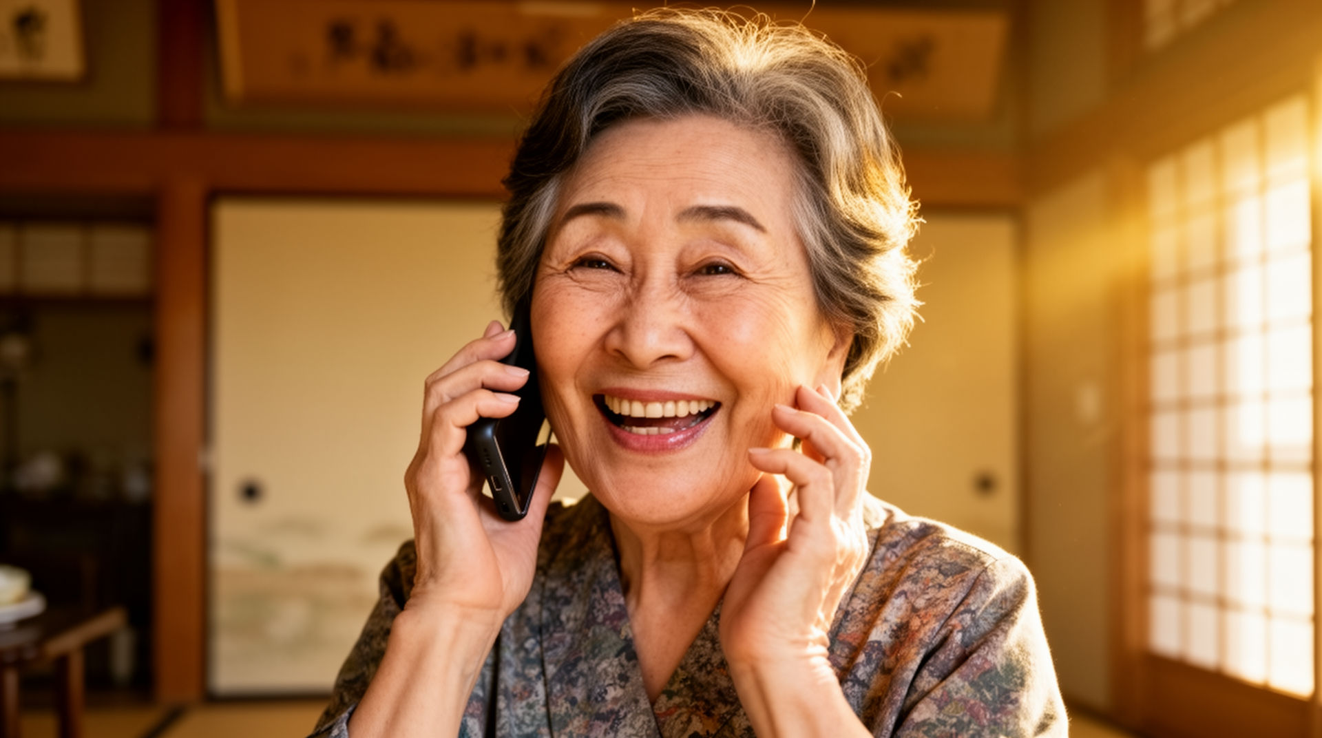 電話中に笑顔の日本人高齢女性