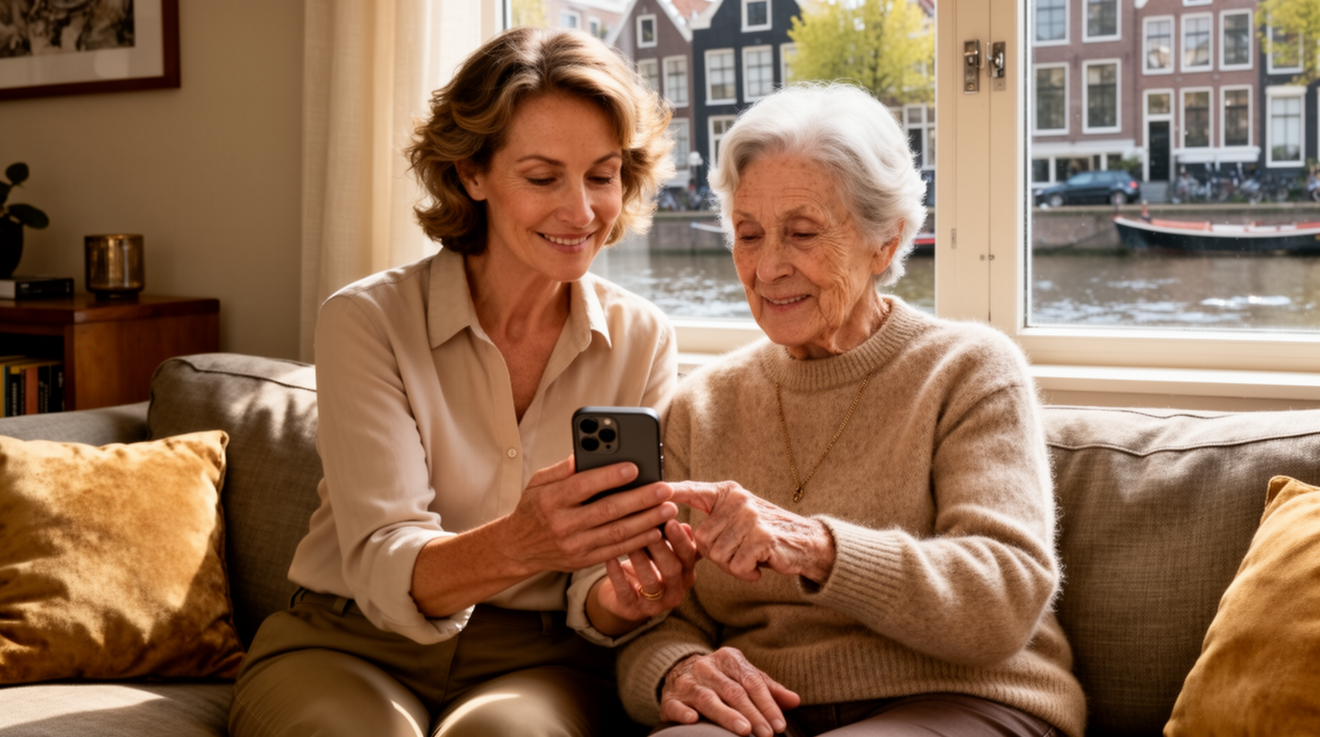Dochter helpt haar moeder met het instellen van de smartphone-app
