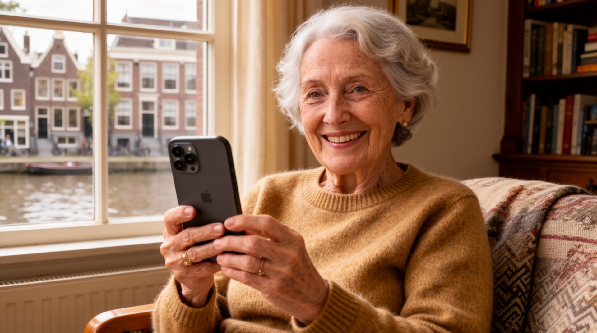 Oudere Nederlandse vrouw houdt smartphone vast in gezellige woonkamer