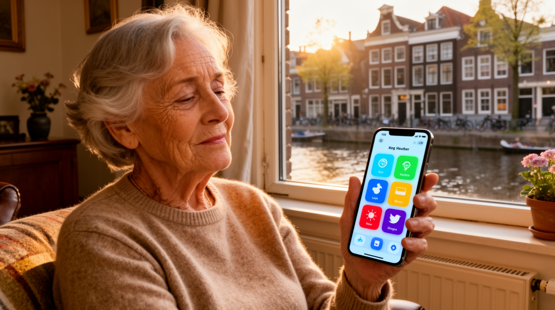 Oudere vrouw geniet van eenvoudige smartphone-interface met grote knoppen