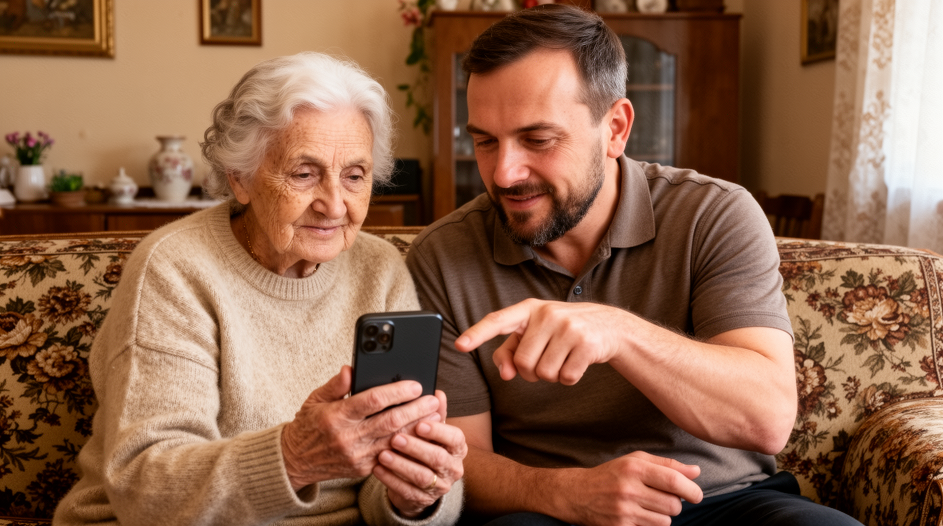 Syn pomagający matce korzystać ze smartfona