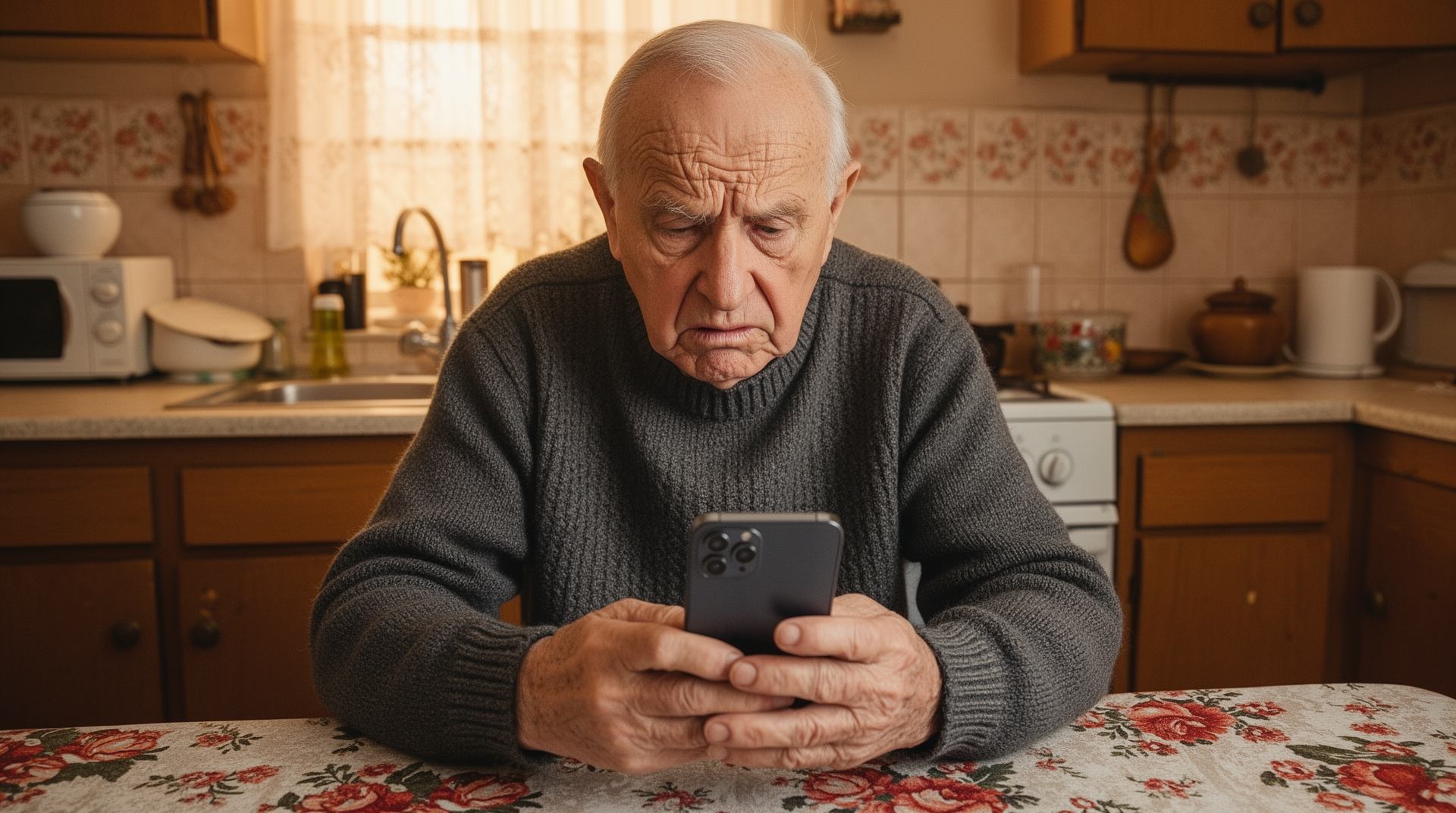 Senior z trudnościami w obsłudze smartfona