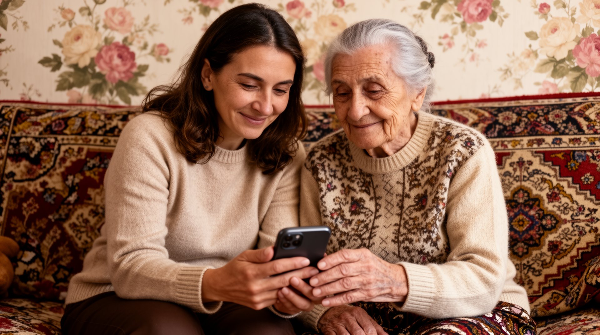 Fiica română ajutând mama vârstnică cu telefonul Android