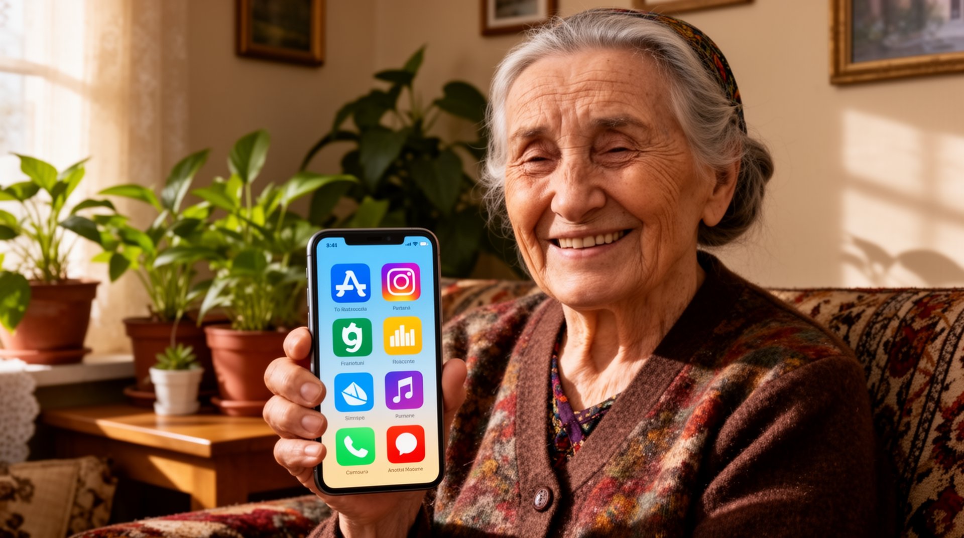 Bunica română zâmbitoare folosind BIG Launcher cu butoane mari