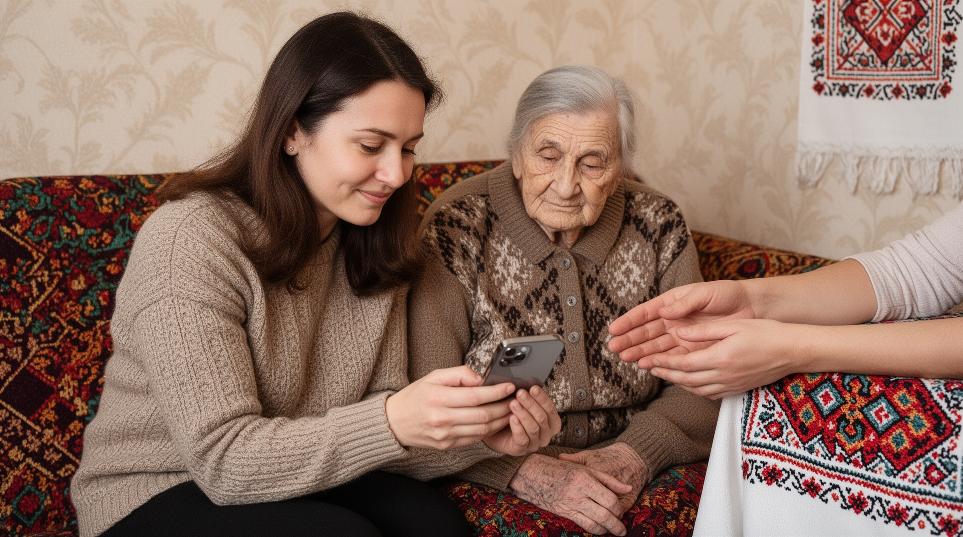 Донька допомагає мамі користуватися смартфоном з BIG Launcher