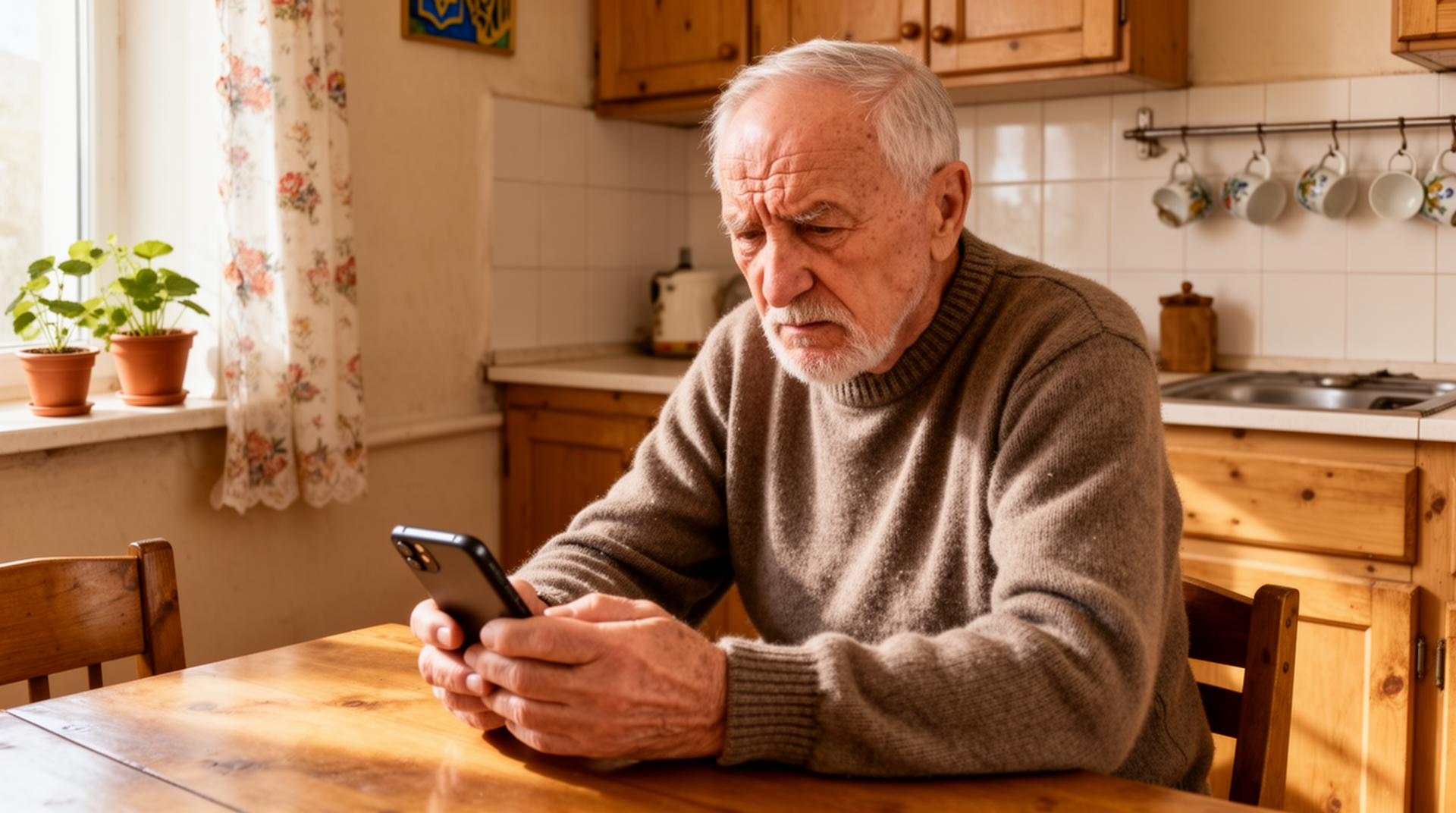 Літній чоловік не може розібратись з Android-смартфоном