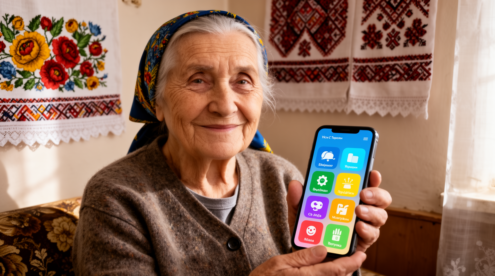 Літня жінка легко користується BIG Launcher на смартфоні