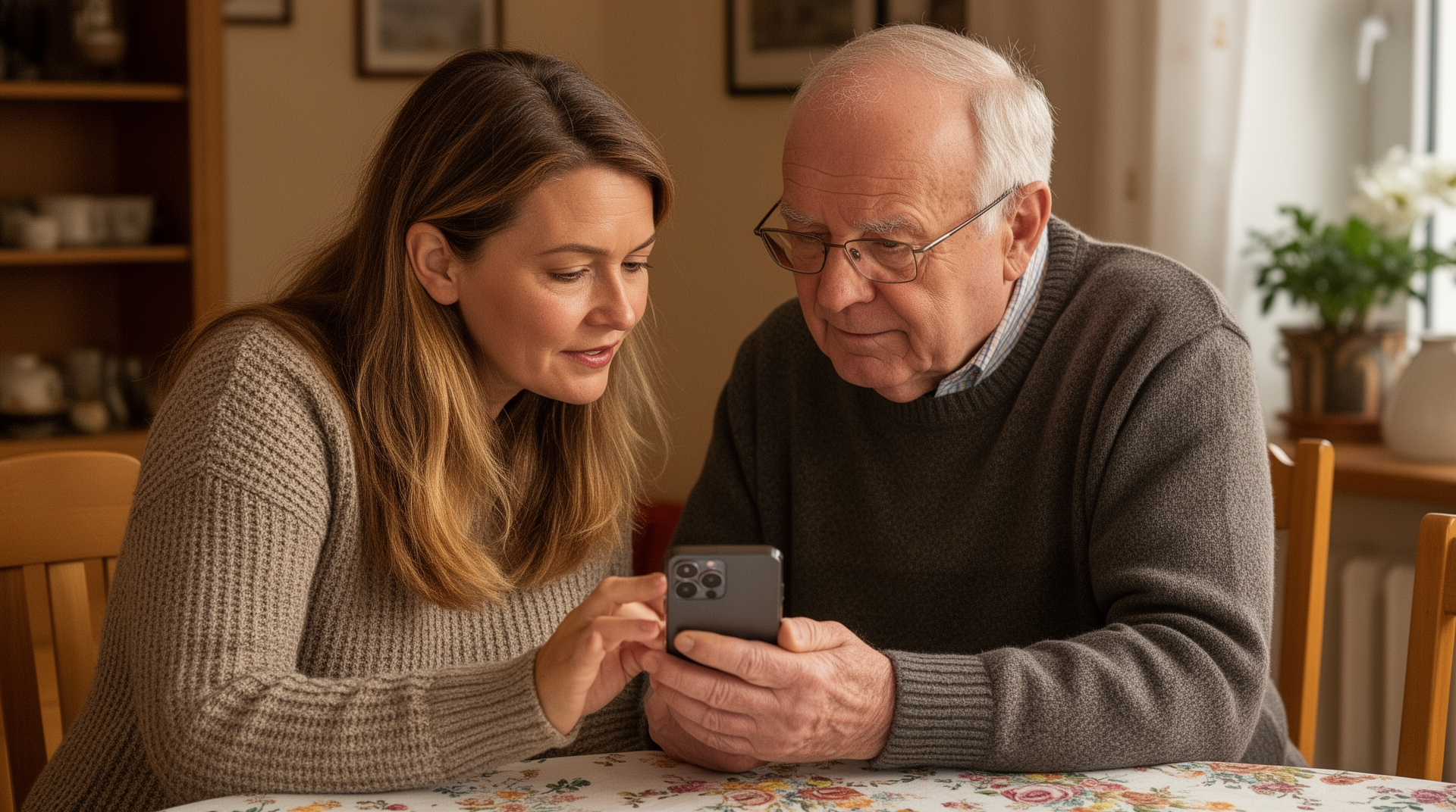 Tochter hilft Vater mit Smartphone