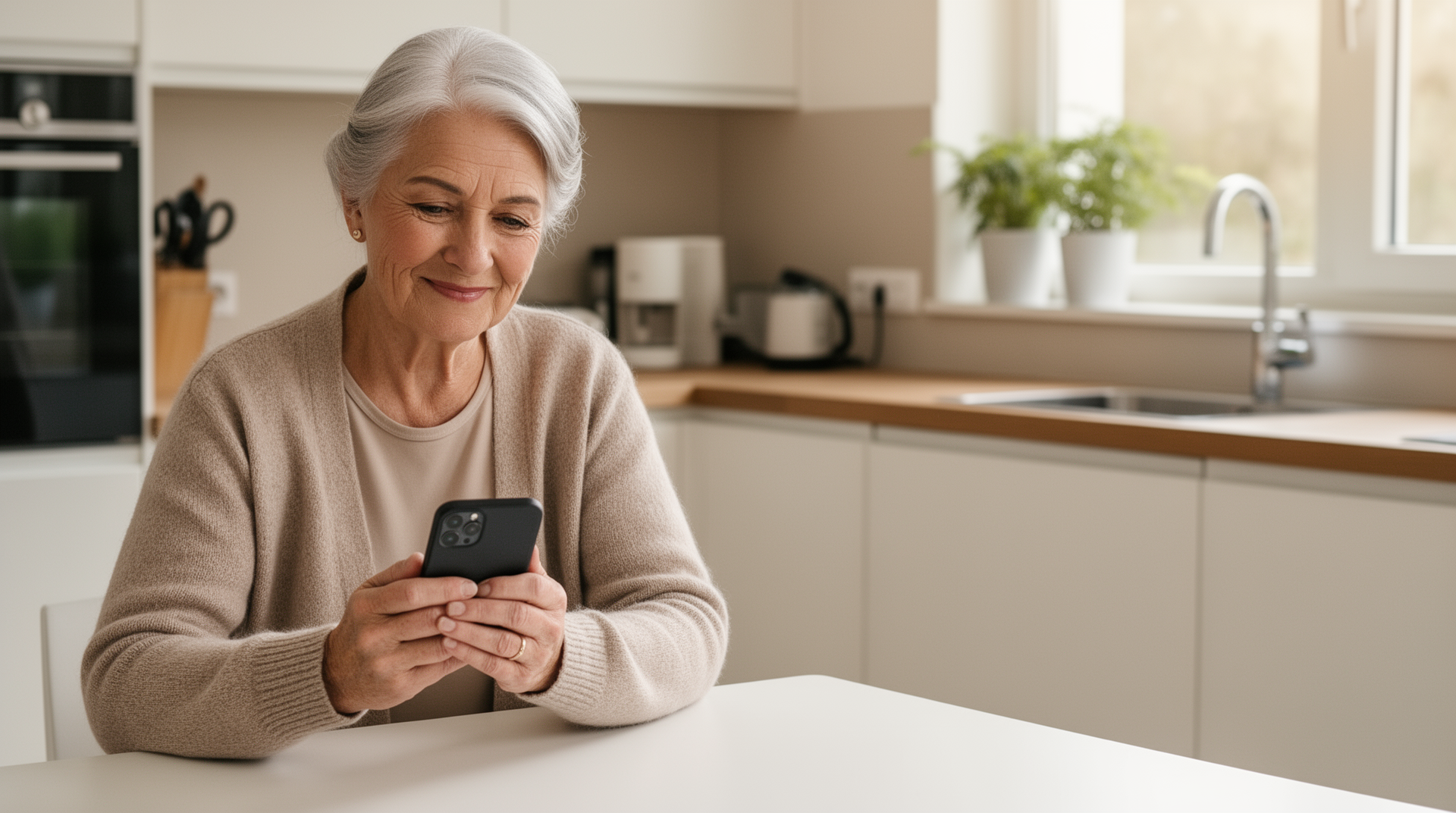 Seniorin benutzt Smartphone entspannt