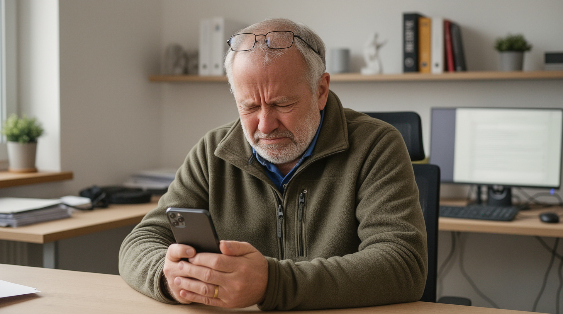 Älterer Mann frustriert mit Handy