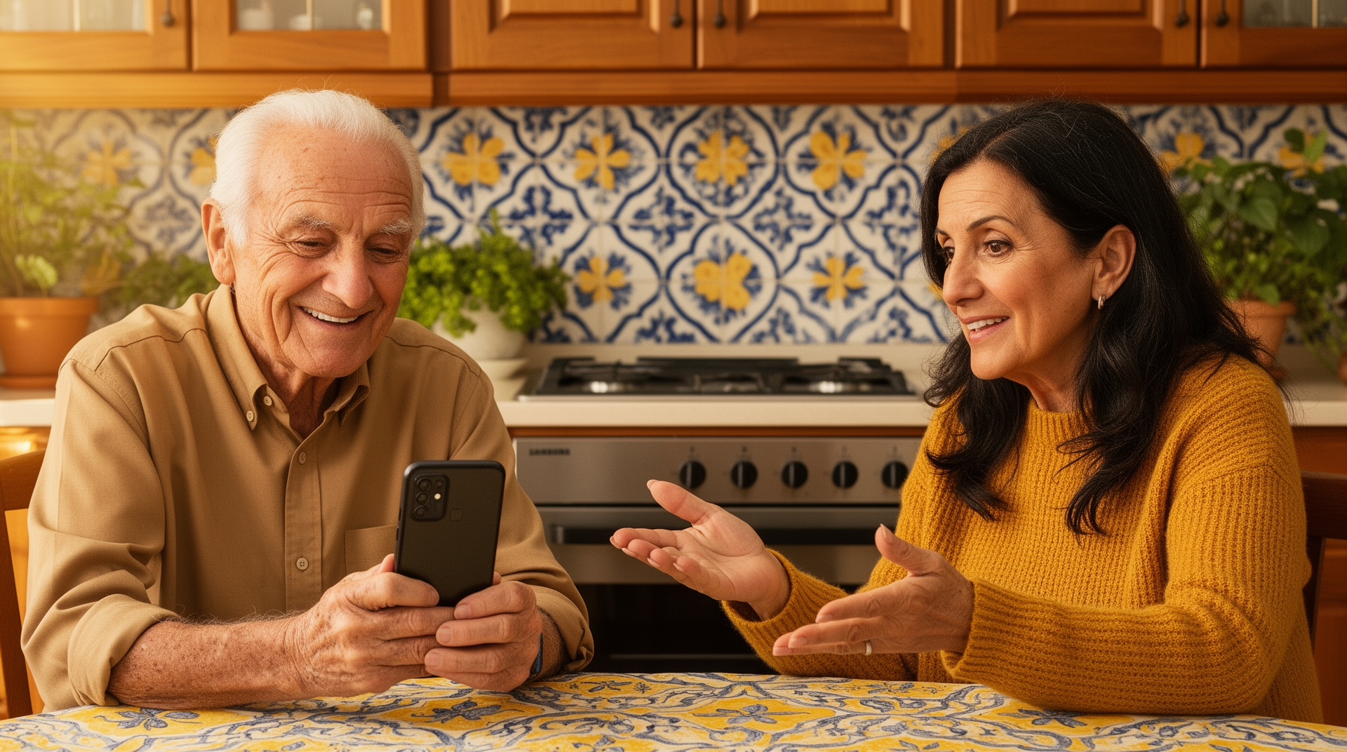 Hija adulta española ayudando a su padre mayor a configurar el teléfono