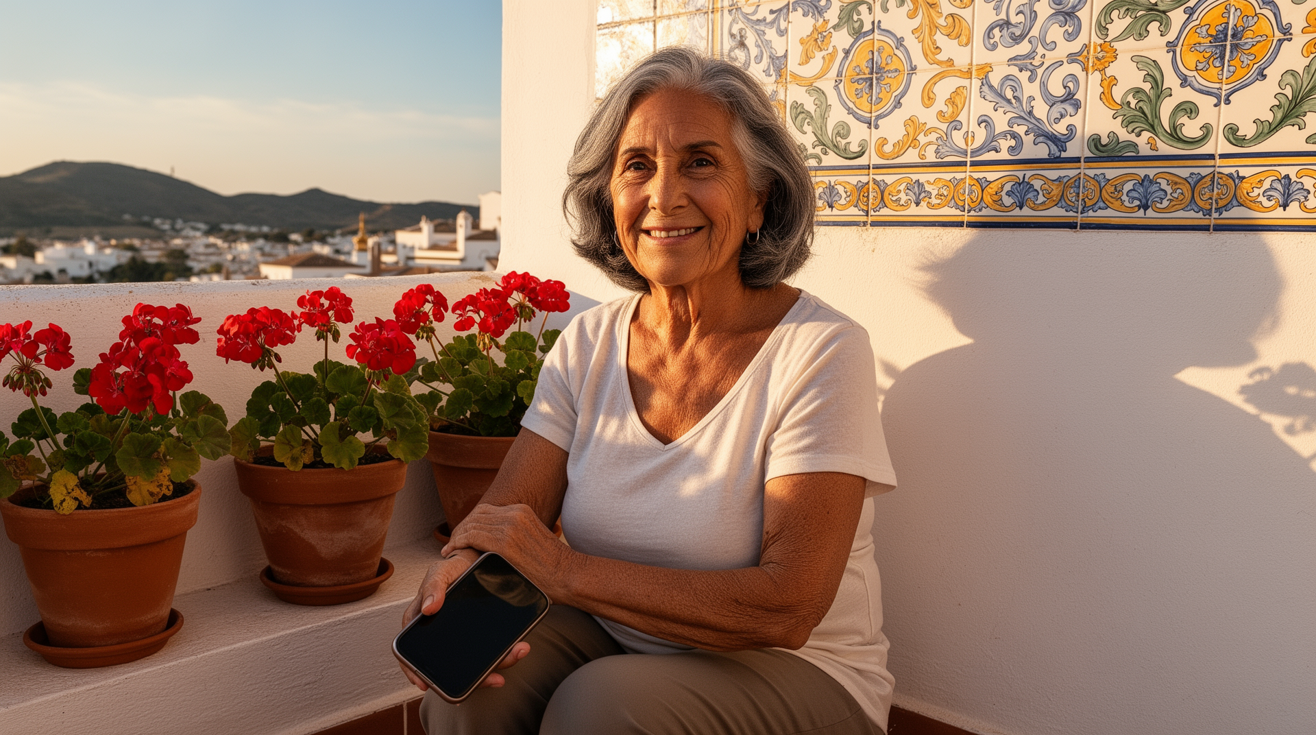 Mujer mayor española sonriente usando su teléfono con confianza
