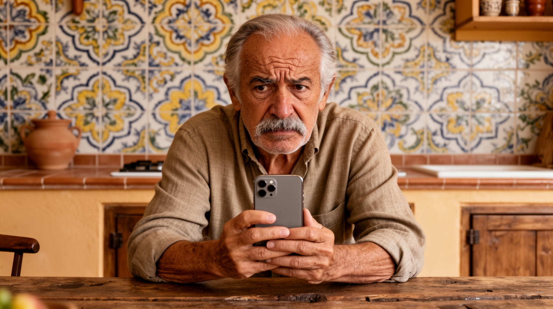 Hombre mayor español confundido intentando usar un smartphone complicado