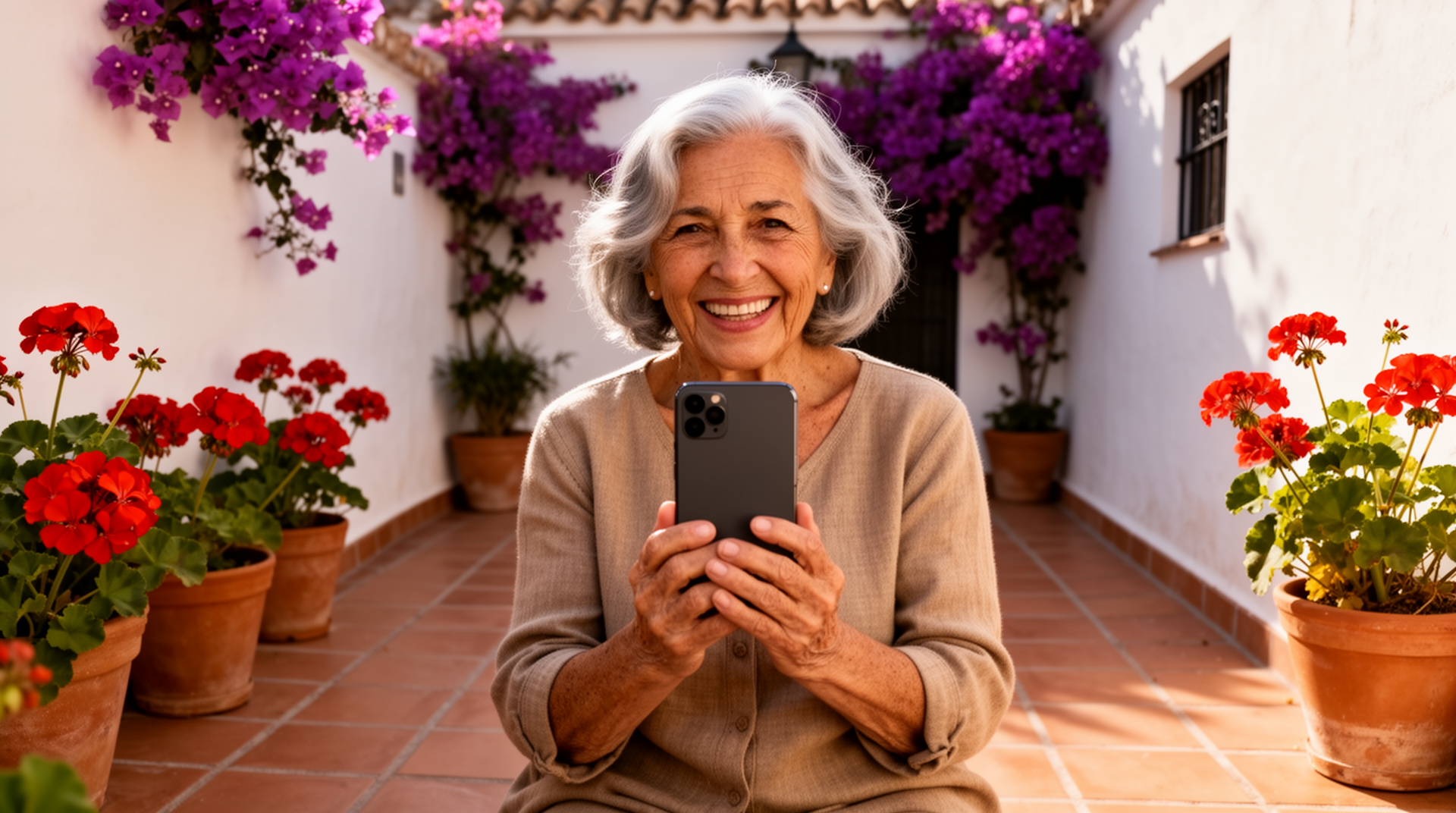 Mujer mayor española relajada y segura con teléfono simplificado