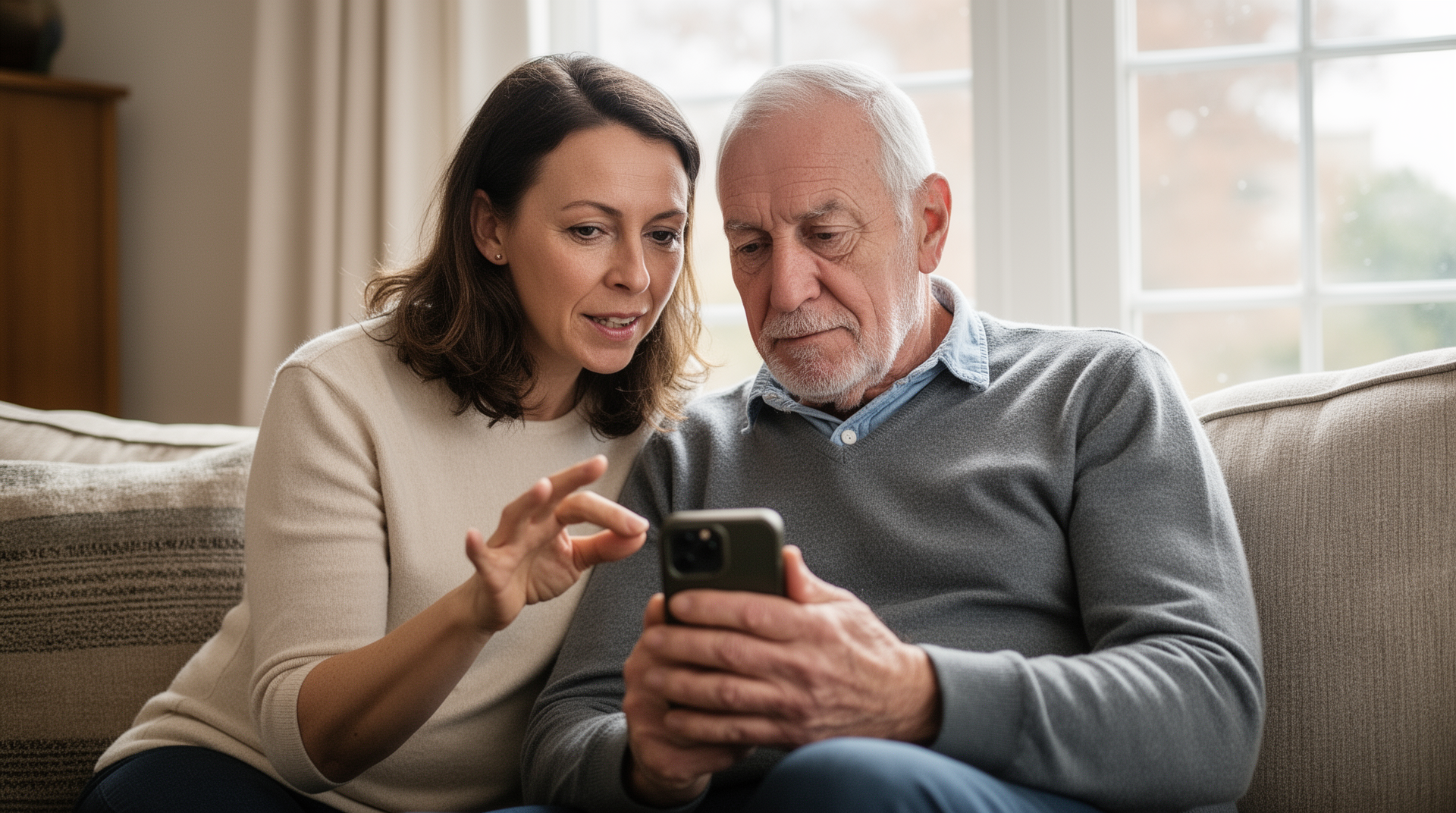Adult daughter helping elderly father with phone setup