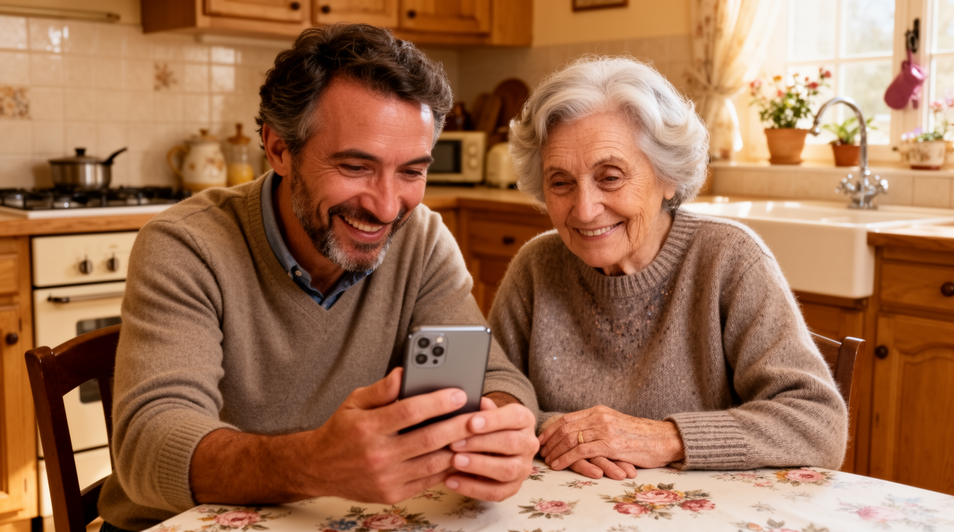 Fils adulte français aidant sa mère âgée à configurer le téléphone