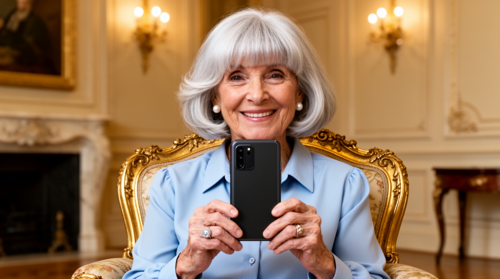 Femme âgée française souriante utilisant son téléphone avec confiance