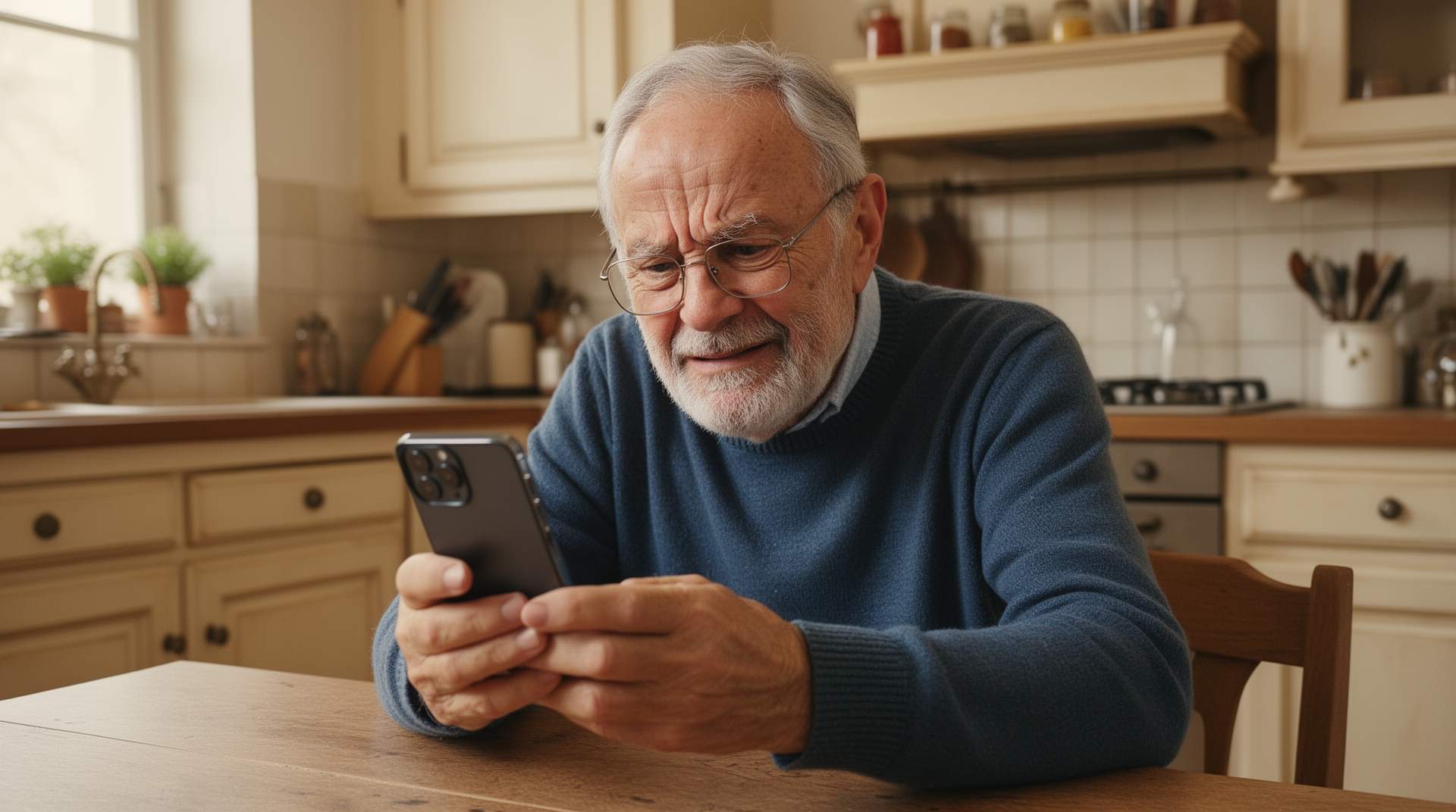 Homme âgé français confus essayant d'utiliser un smartphone compliqué