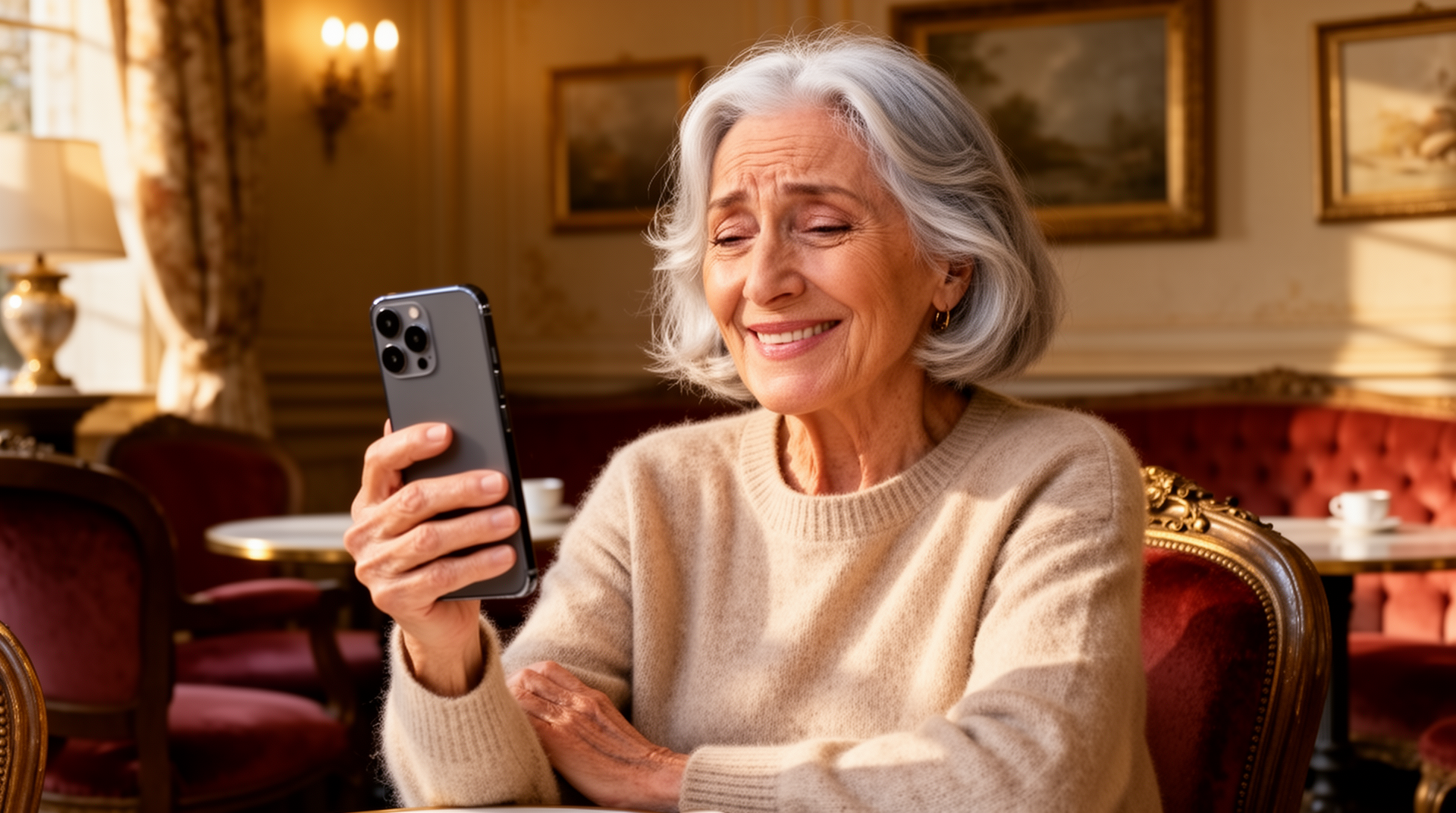 Femme âgée française détendue et confiante avec téléphone simplifié
