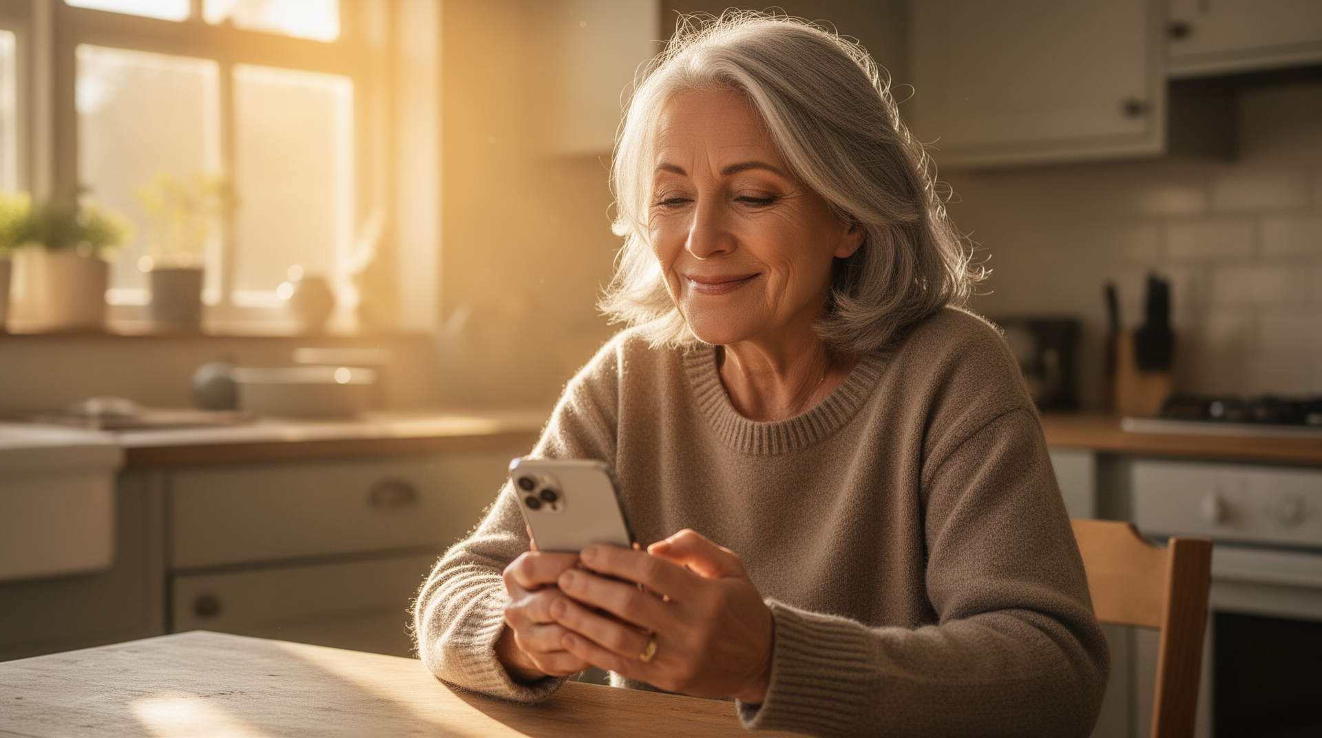 Senior woman using phone confidently — 2 million people trust BIG Launcher