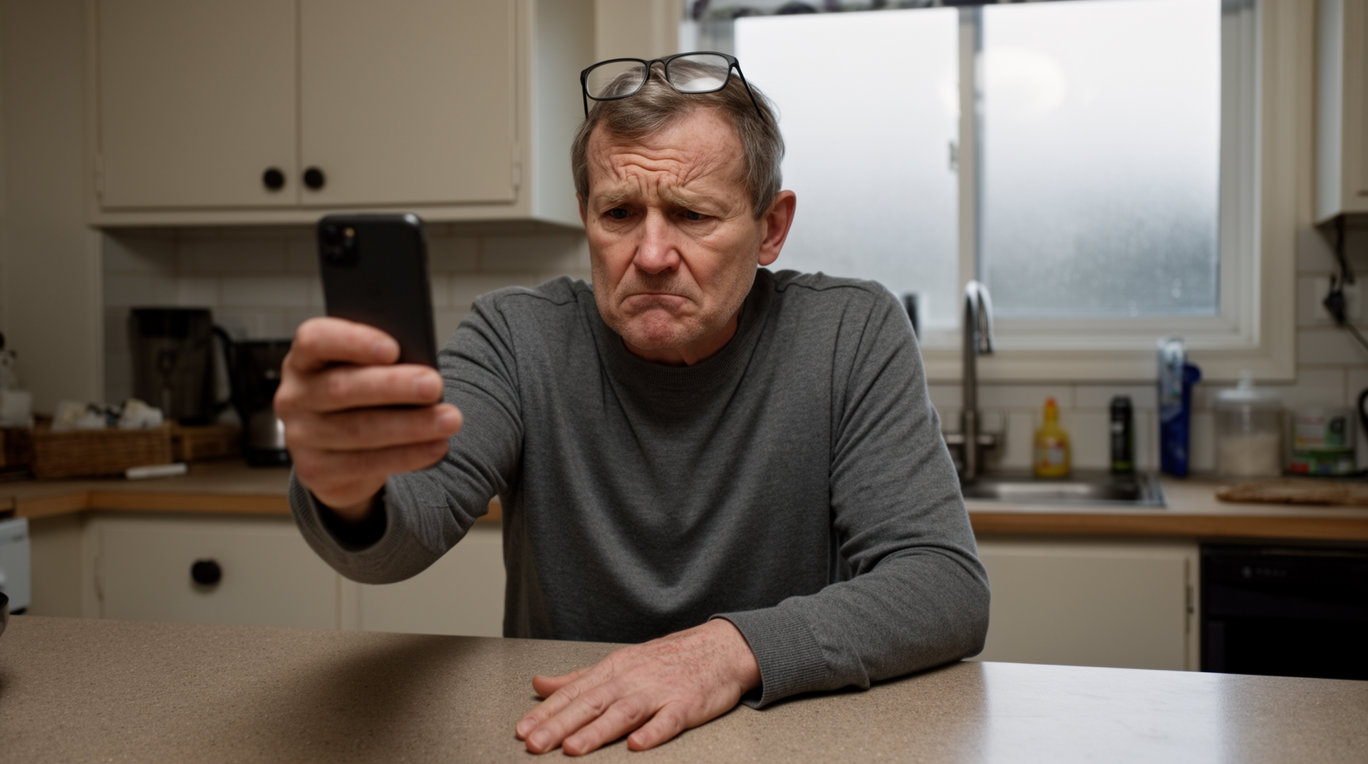 Elderly man frustrated trying to use complicated smartphone
