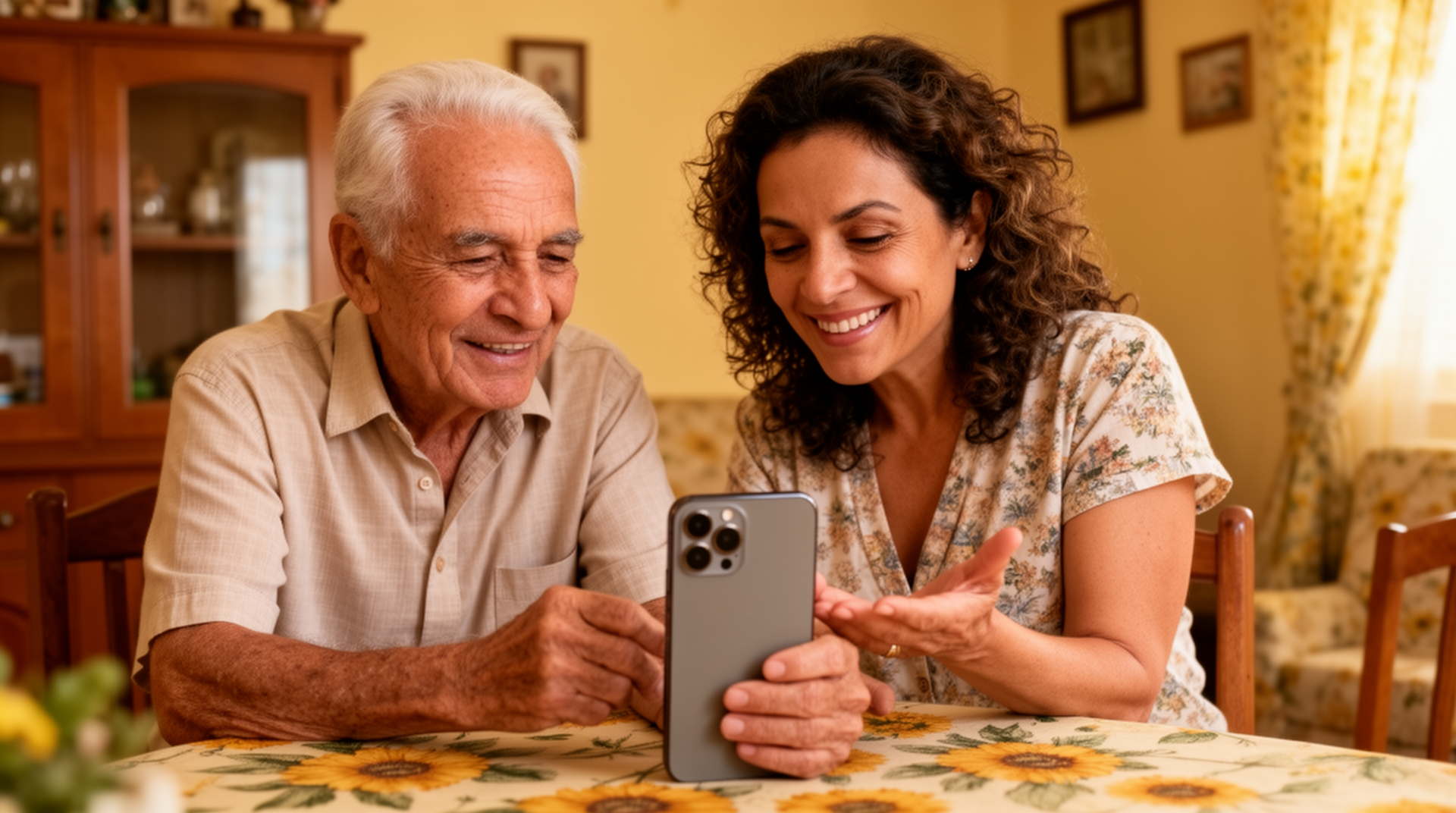 Filha adulta brasileira ajudando pai idoso a configurar telefone