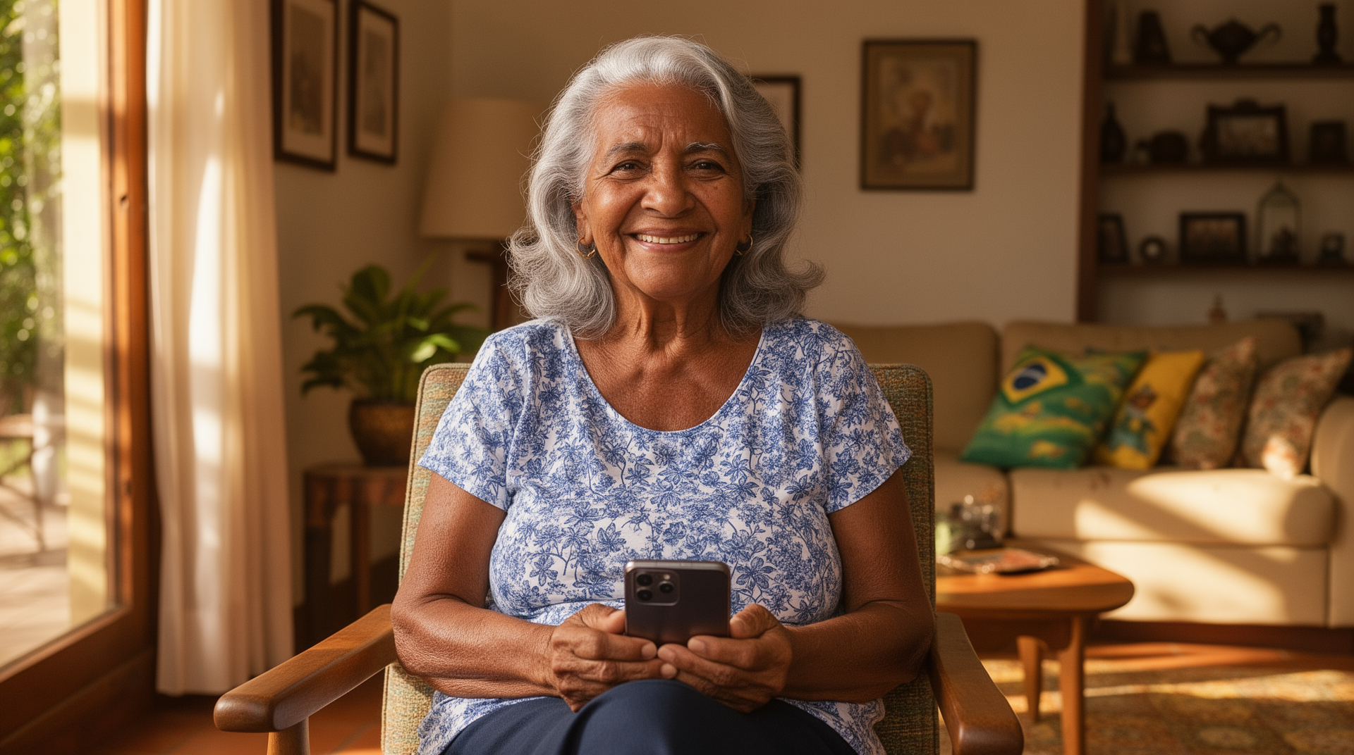 Idosa brasileira sorridente usando telefone com confiança