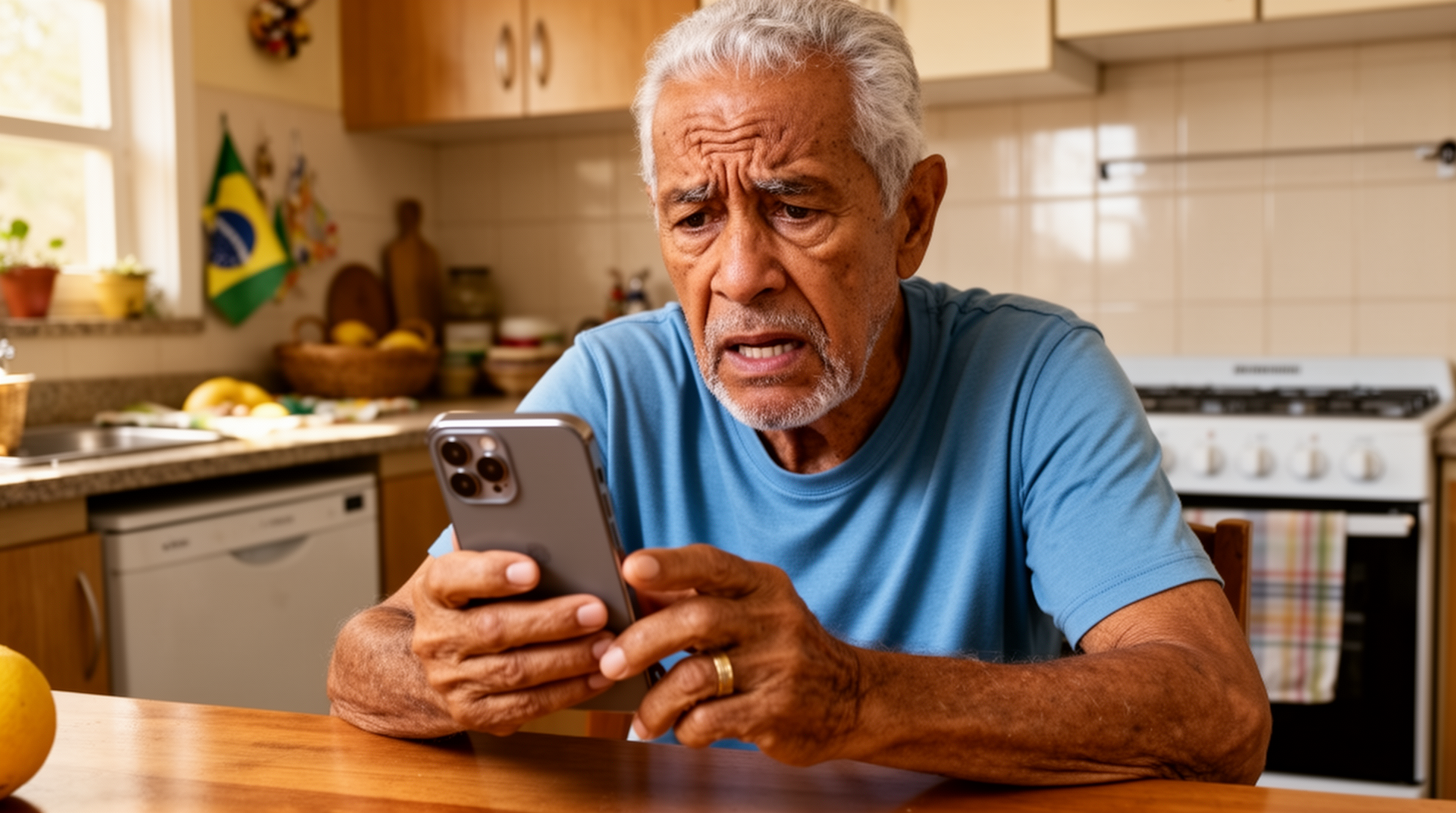 Idoso brasileiro confuso tentando usar smartphone complicado