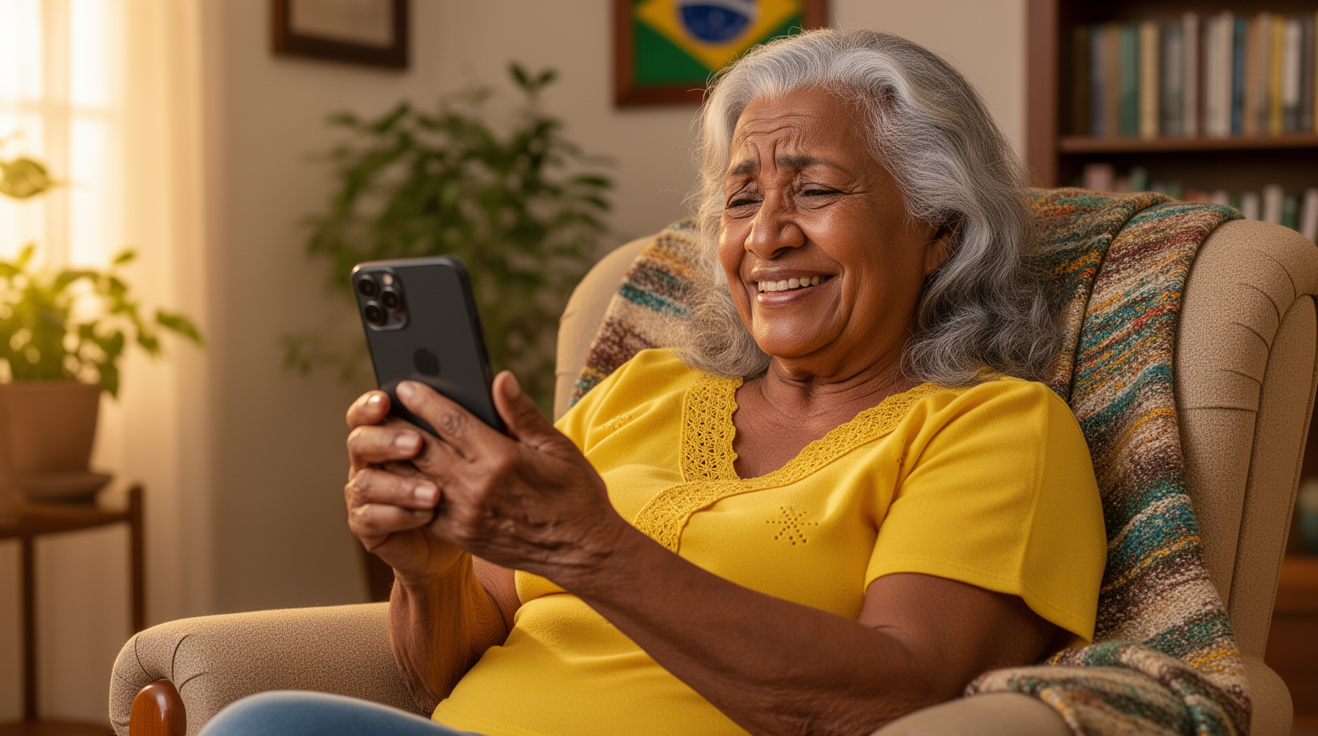 Idosa brasileira relaxada e confiante com telefone simplificado