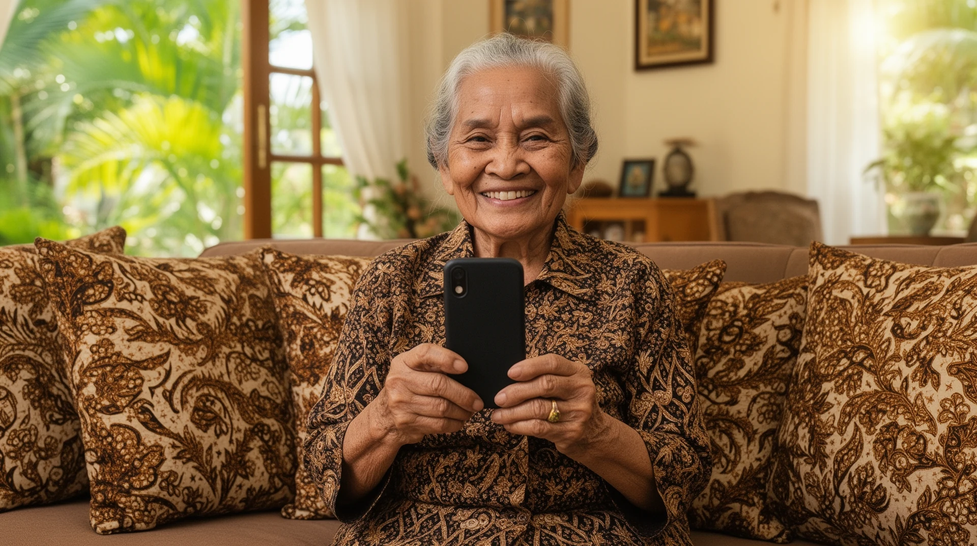 Nenek Indonesia tersenyum sambil menggunakan smartphone yang lebih mudah dipakai
