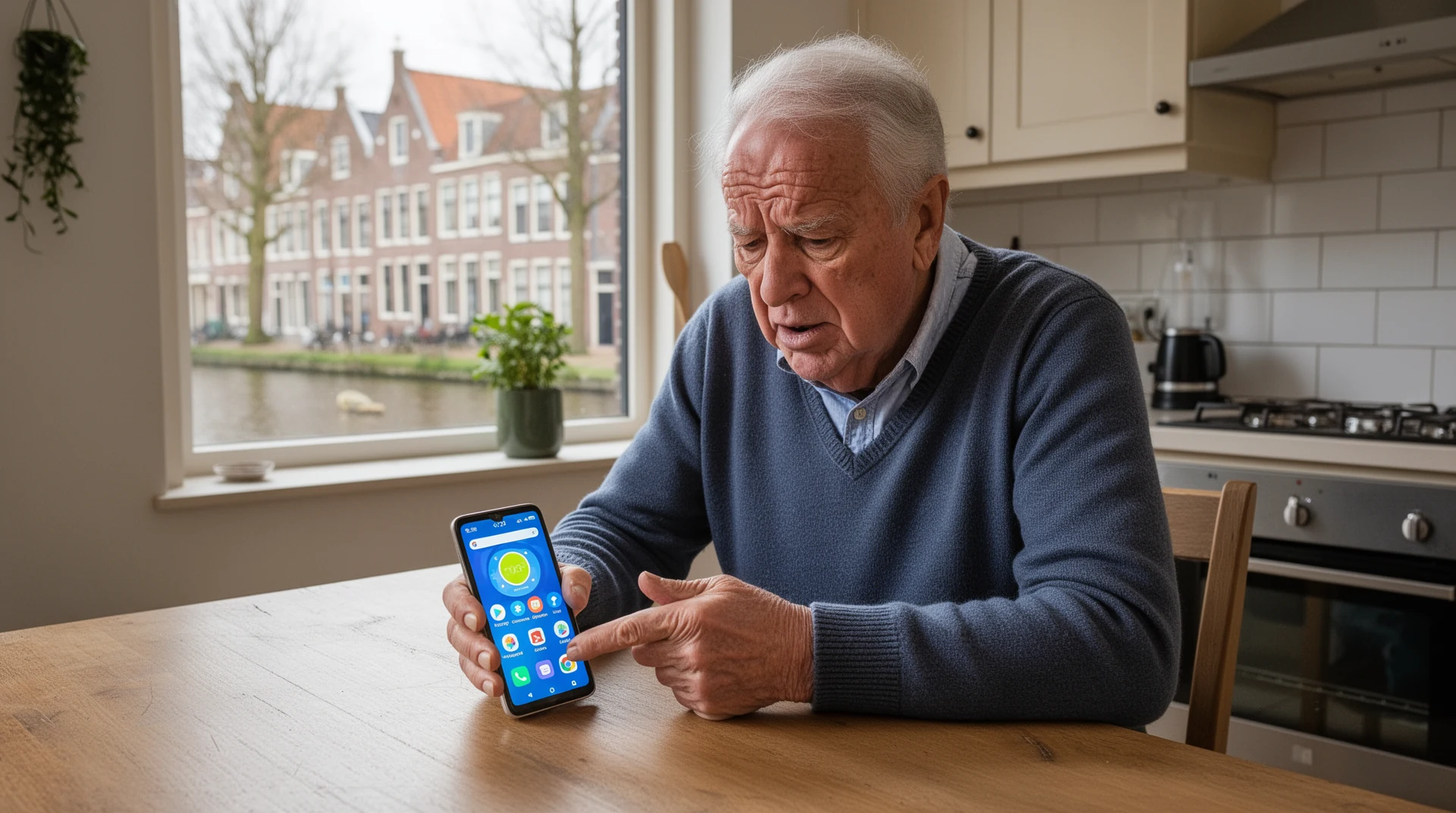 Oudere man raakt gefrustreerd door een ingewikkelde Android-telefoon