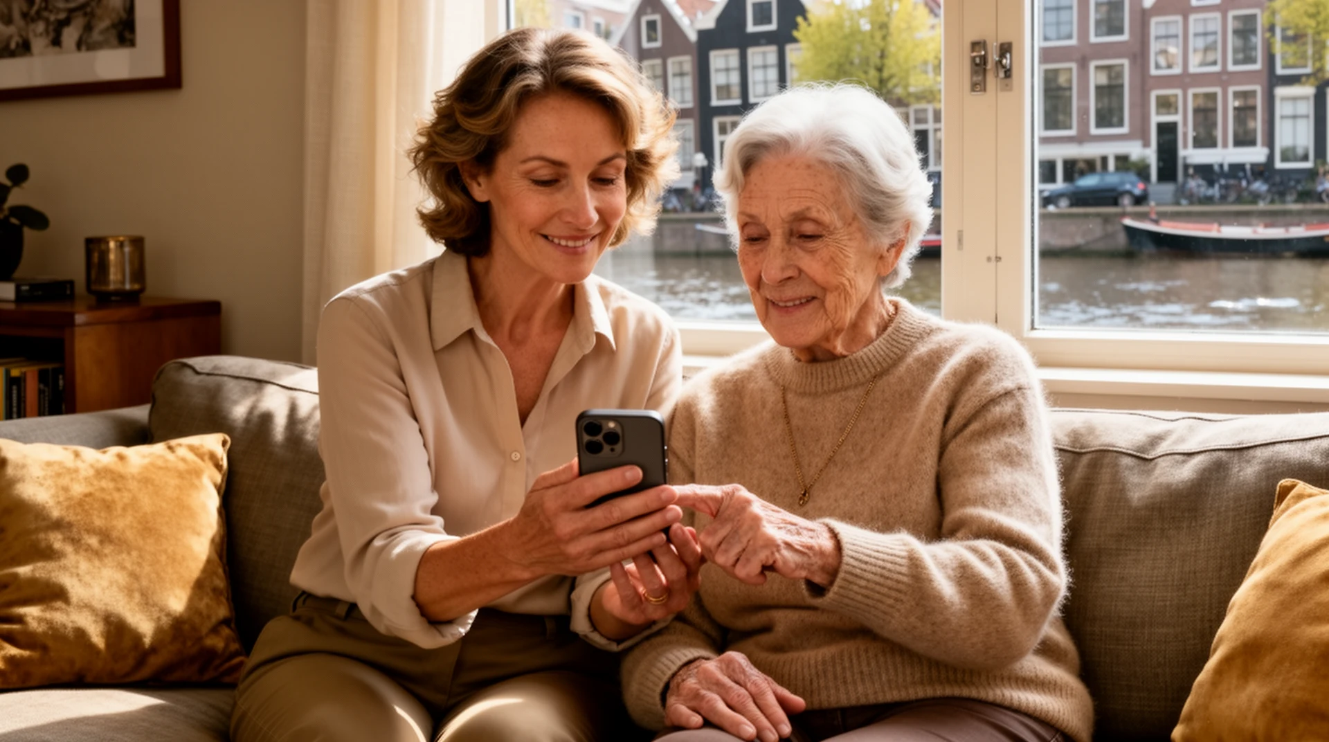 Dochter helpt haar moeder met het instellen van een Android-telefoon