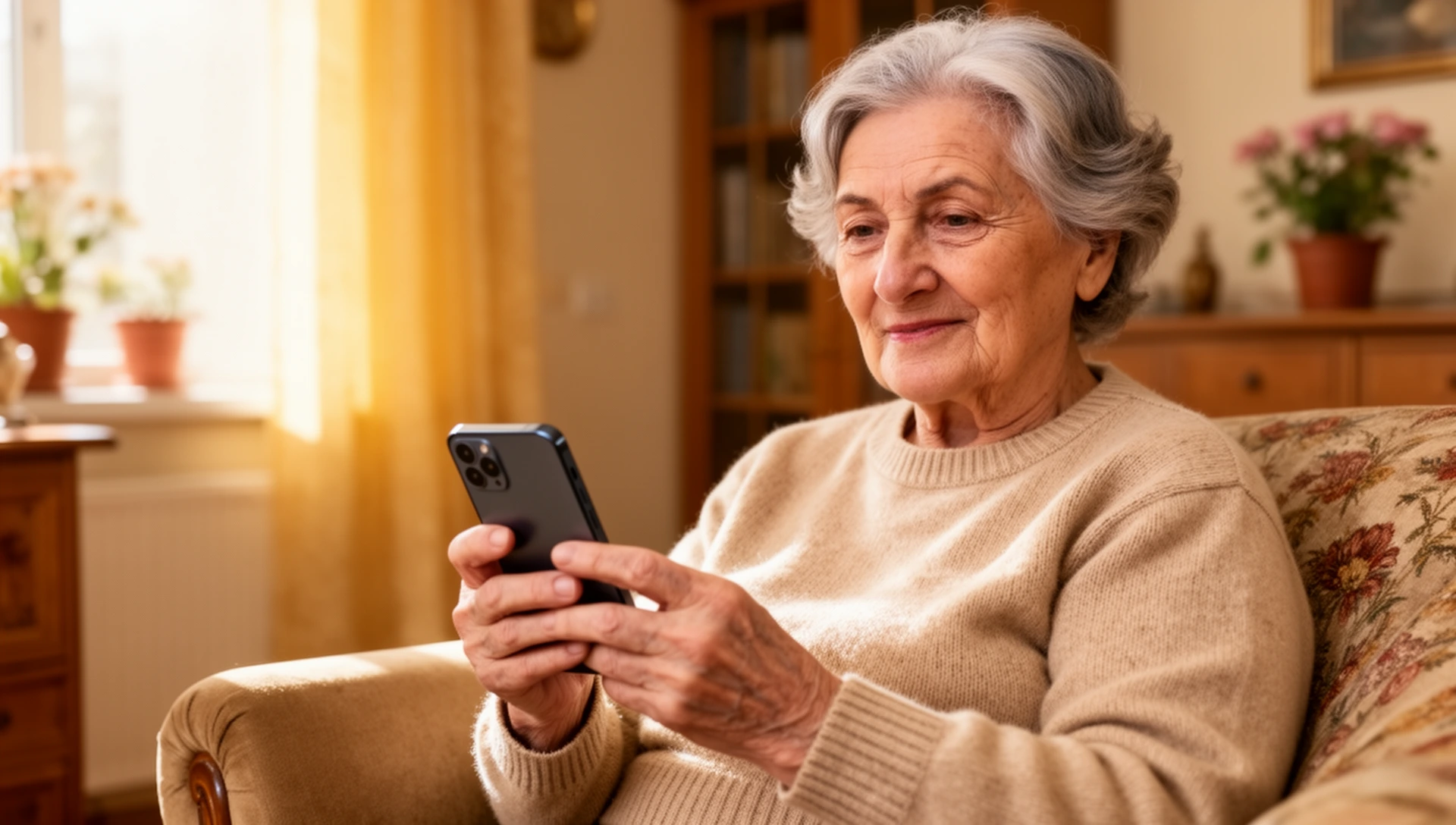 Bunică din România folosind telefonul cu calm și încredere acasă