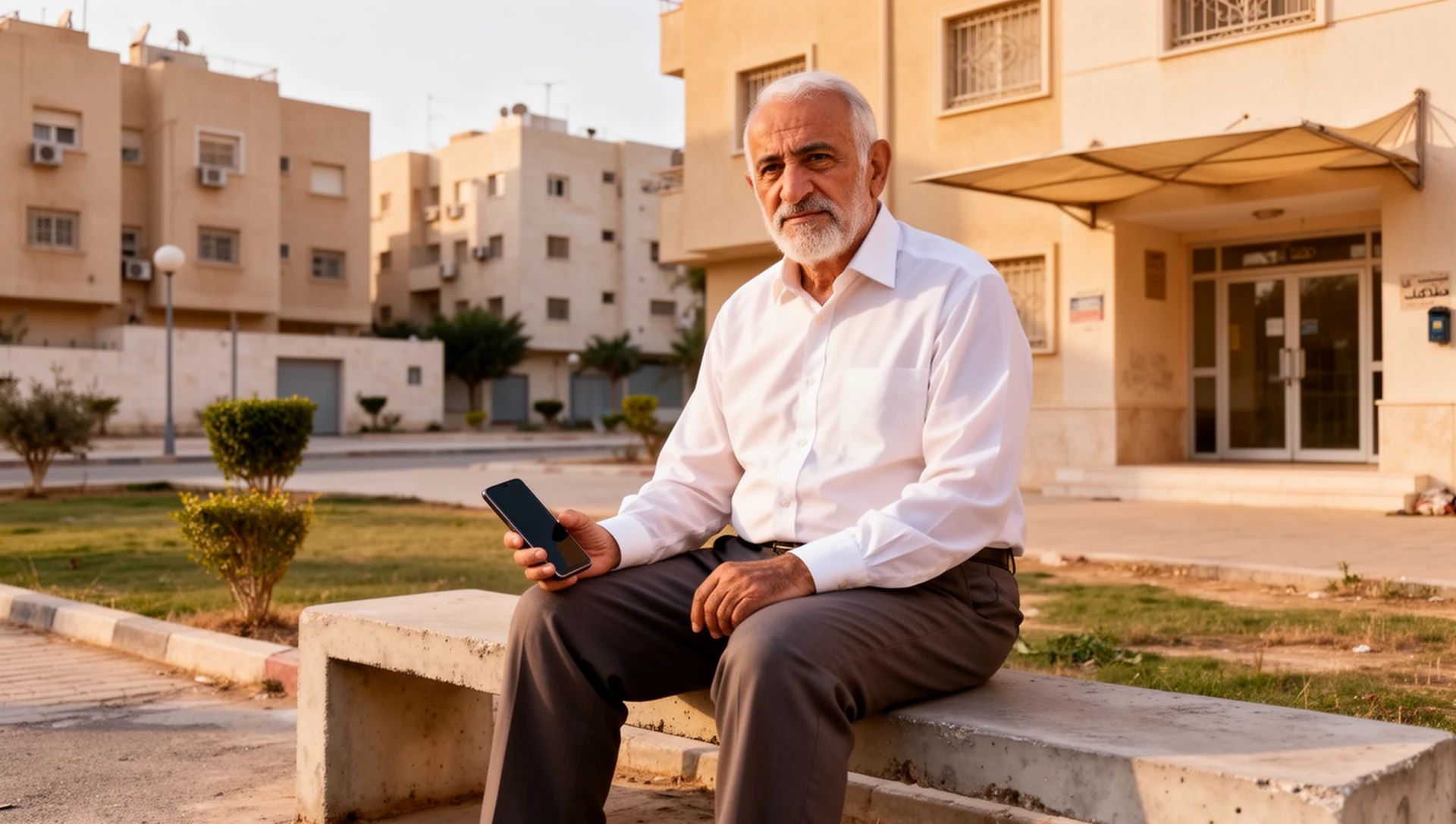 Illustrate the older person's regained independence and confidence using their simplified phone in a public setting.