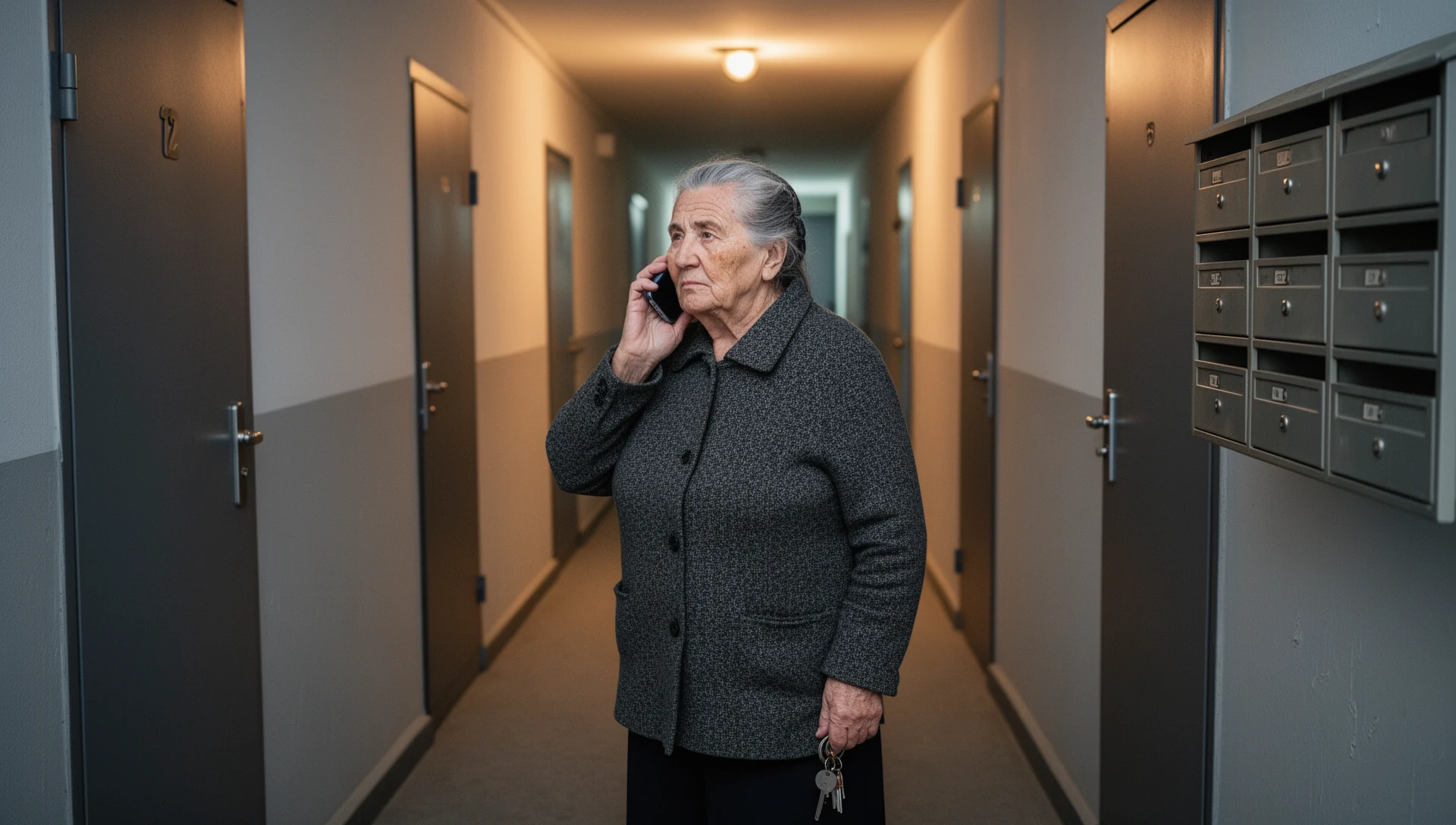 Elderly Bulgarian woman making a quick, calm phone call in her apartment building corridor.