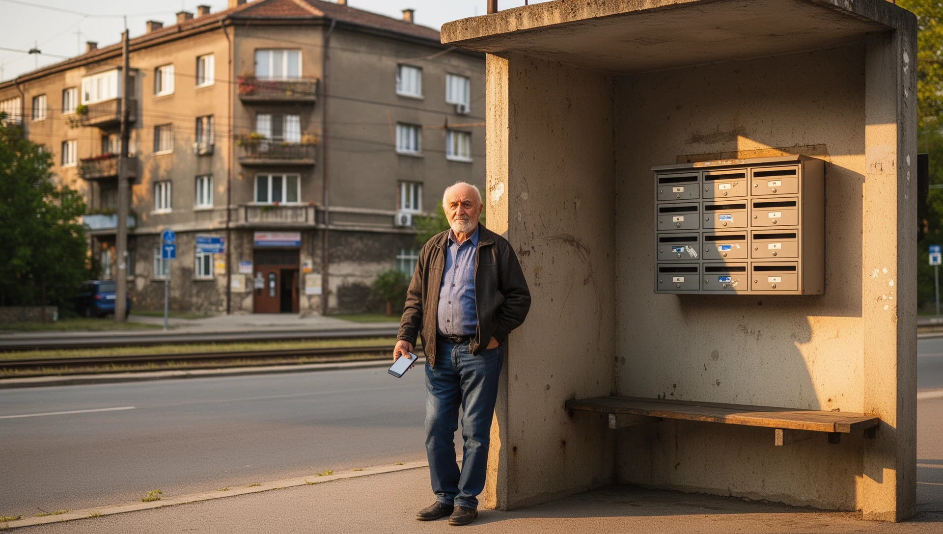 Elderly Bulgarian man confidently checking his smartphone while waiting at a tram stop.